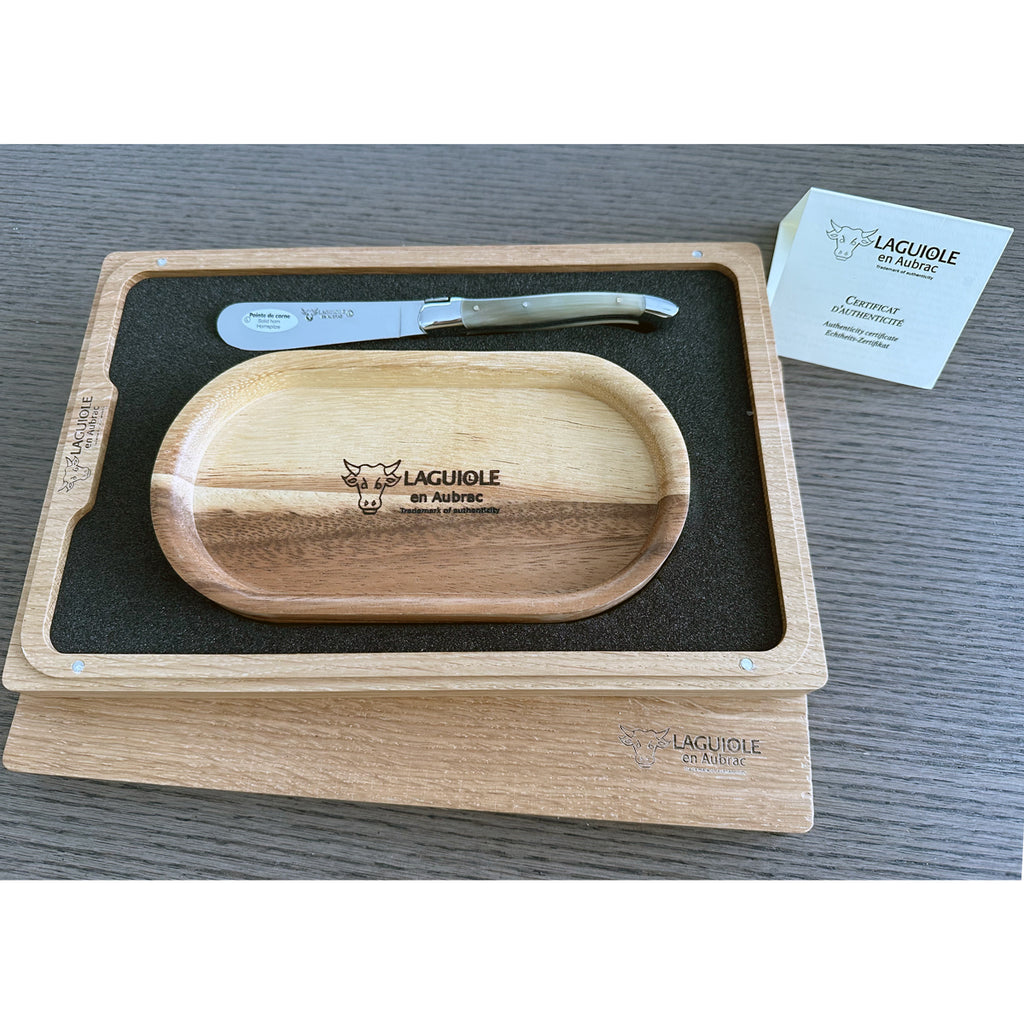 Laguiole en Aubrac Handcrafted Butter & Soft Cheese Knife With Solid Horn Handle & Oak Wood Rest Set - LaguioleEnAubracShop