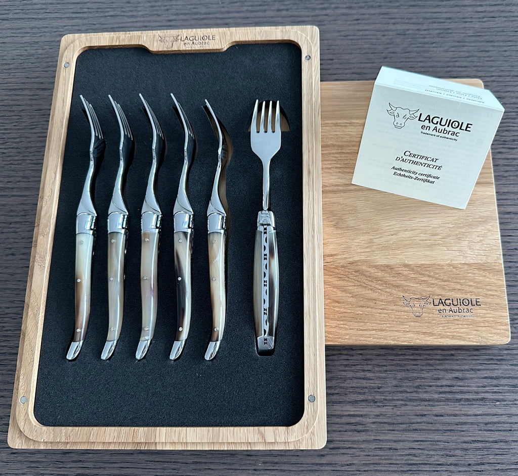 Laguiole en Aubrac Handcrafted Plated 6-Piece Dessert Fork Set With Solid Horn Handles - LaguioleEnAubracShop