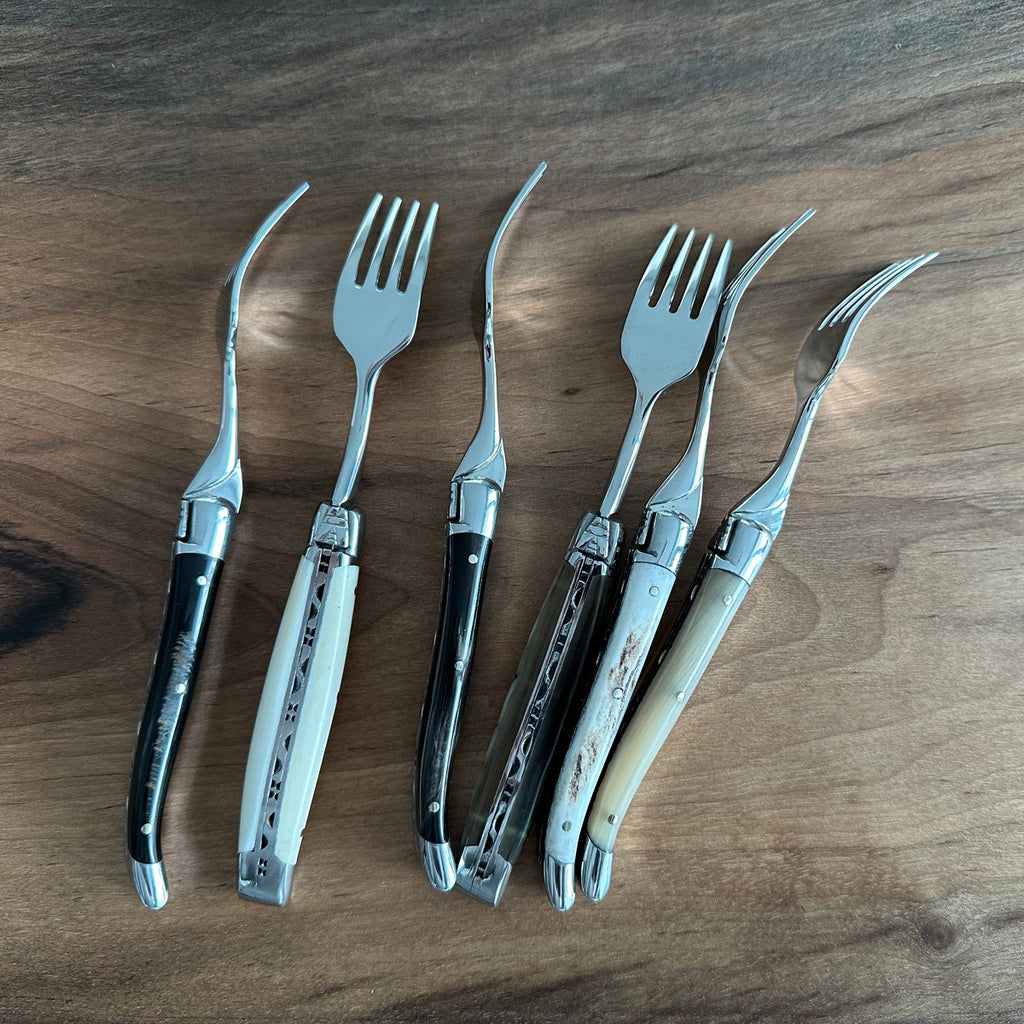 Laguiole en Aubrac Handcrafted Plated 6-Piece Dessert Fork Set with Mixed Horns Handles - LaguioleEnAubracShop