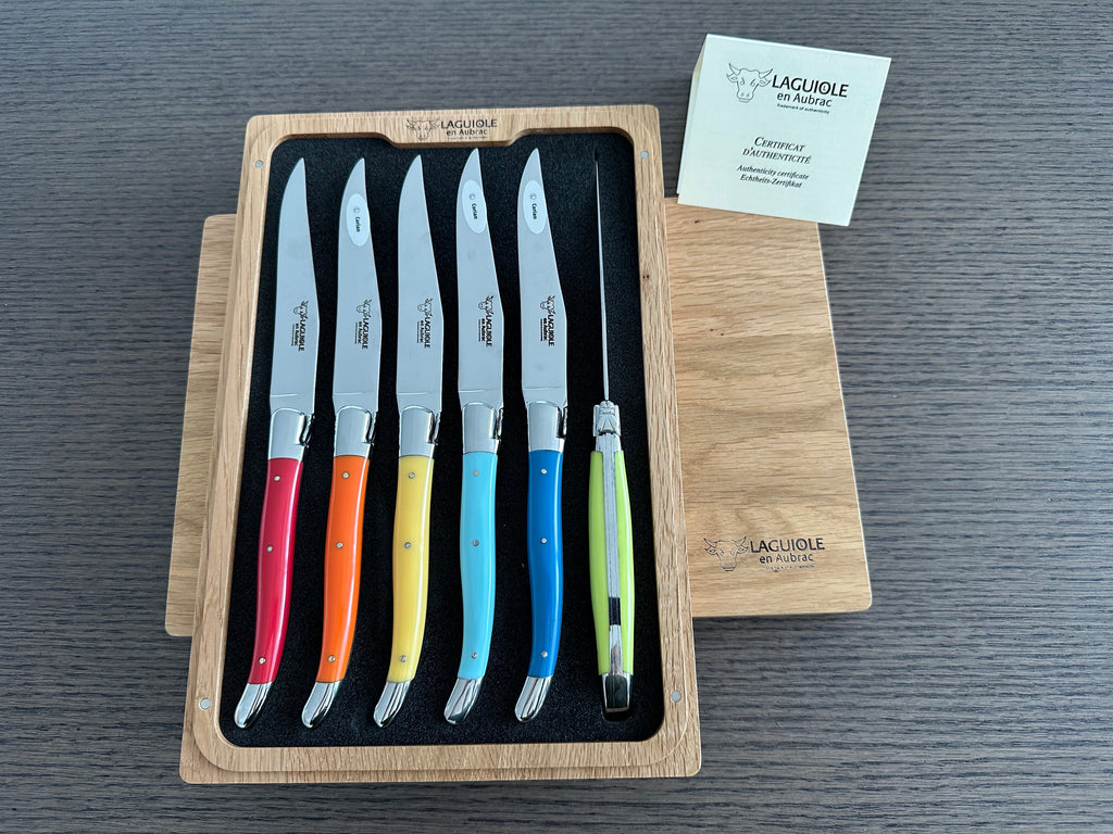 Laguiole en Aubrac Handcrafted Plated 6-Piece Steak Knife Set With Mixed Colored Corian Handles - LaguioleEnAubracShop