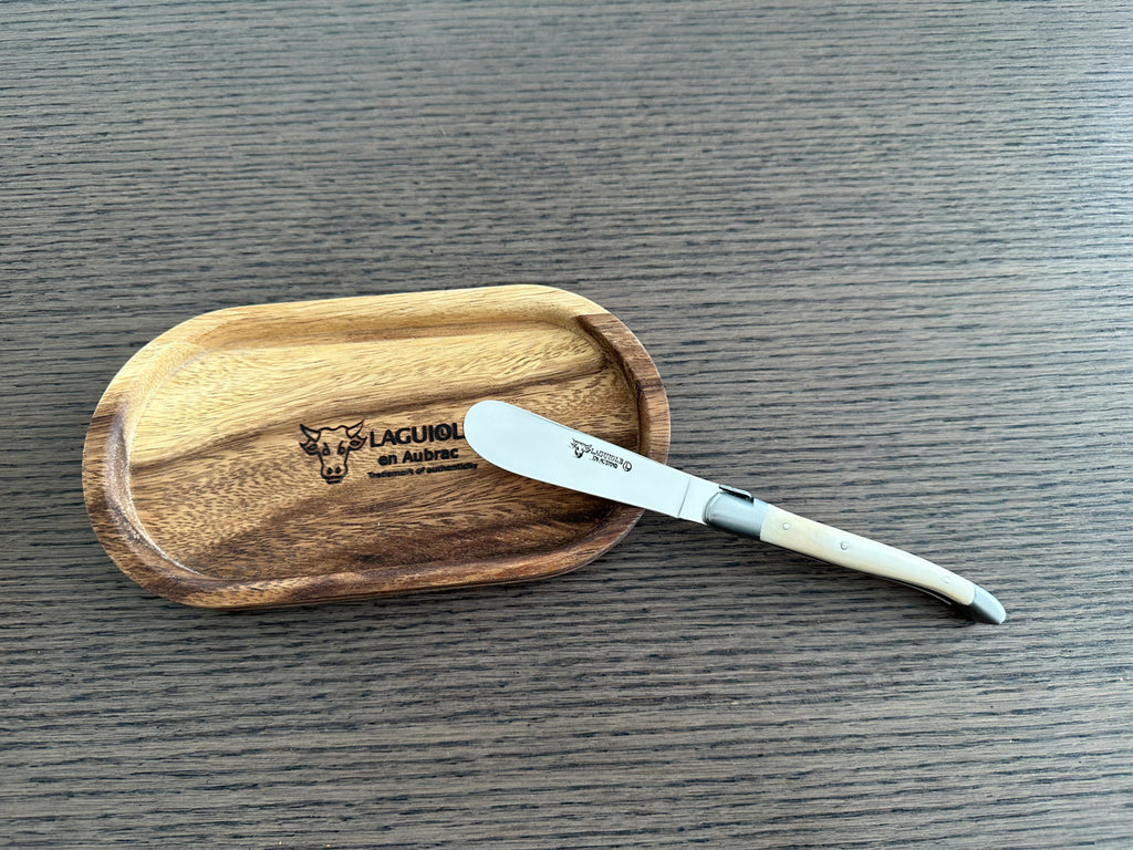 Laguiole en Aubrac Handcrafted Butter & Soft Cheese Knife With Bone Handle & Oak Wood Rest Set - LaguioleEnAubracShop