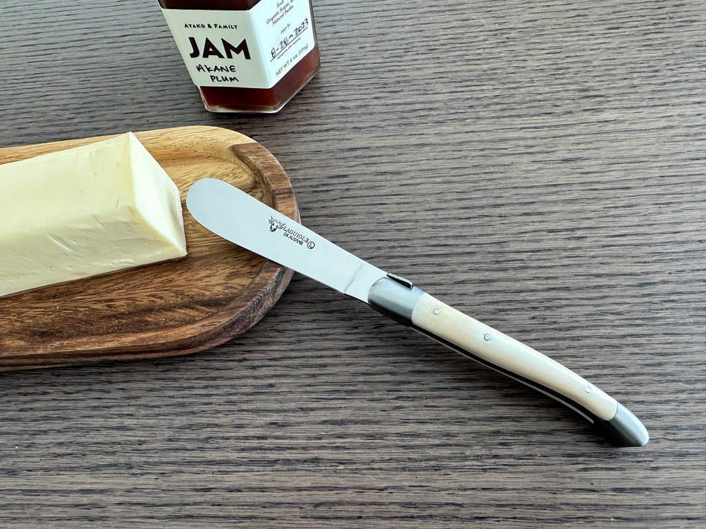 Laguiole en Aubrac Handcrafted Butter & Soft Cheese Knife With Bone Handle & Oak Wood Rest Set - LaguioleEnAubracShop