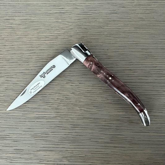 Laguiole en Aubrac Handcarved Plates Multipurpose Knife with Stabilized Purple Poplar Burl, 4.75-Inches