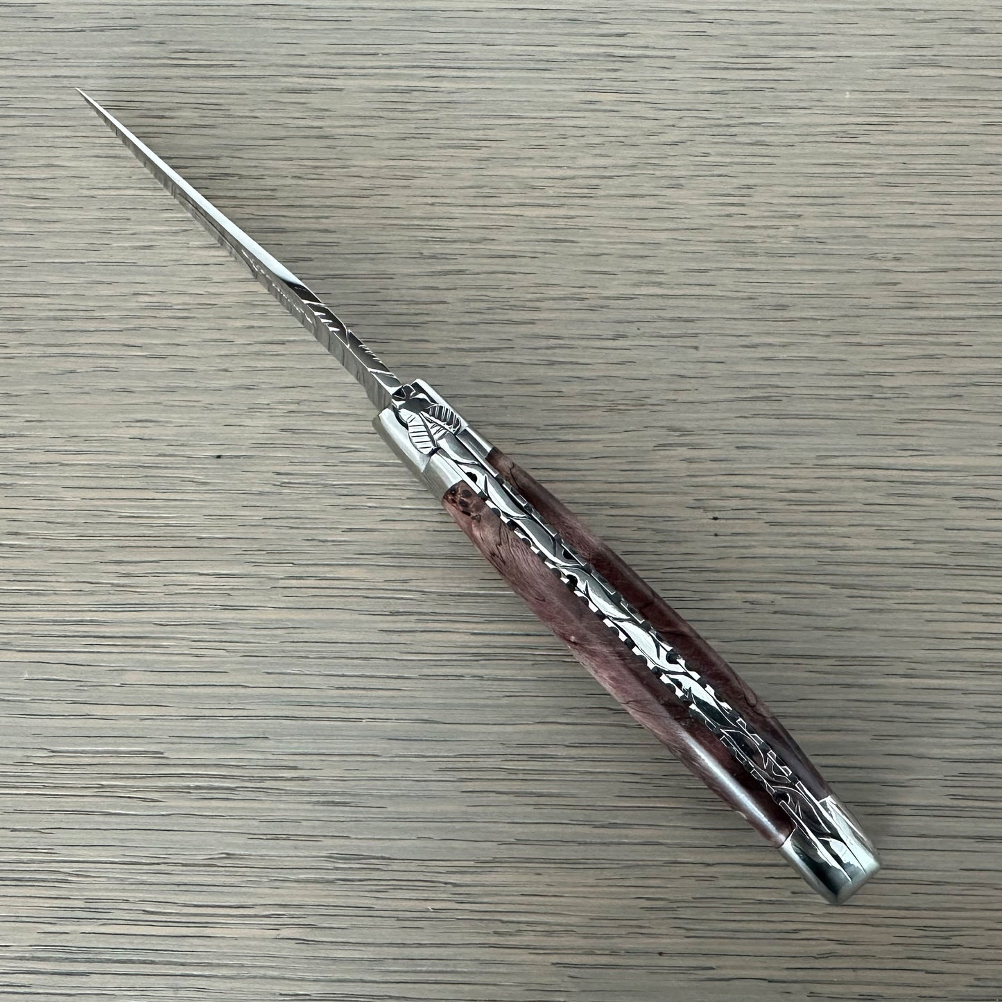 Laguiole en Aubrac Handcarved Plates Multipurpose Knife with Stabilized Purple Poplar Burl, 4.75-Inches