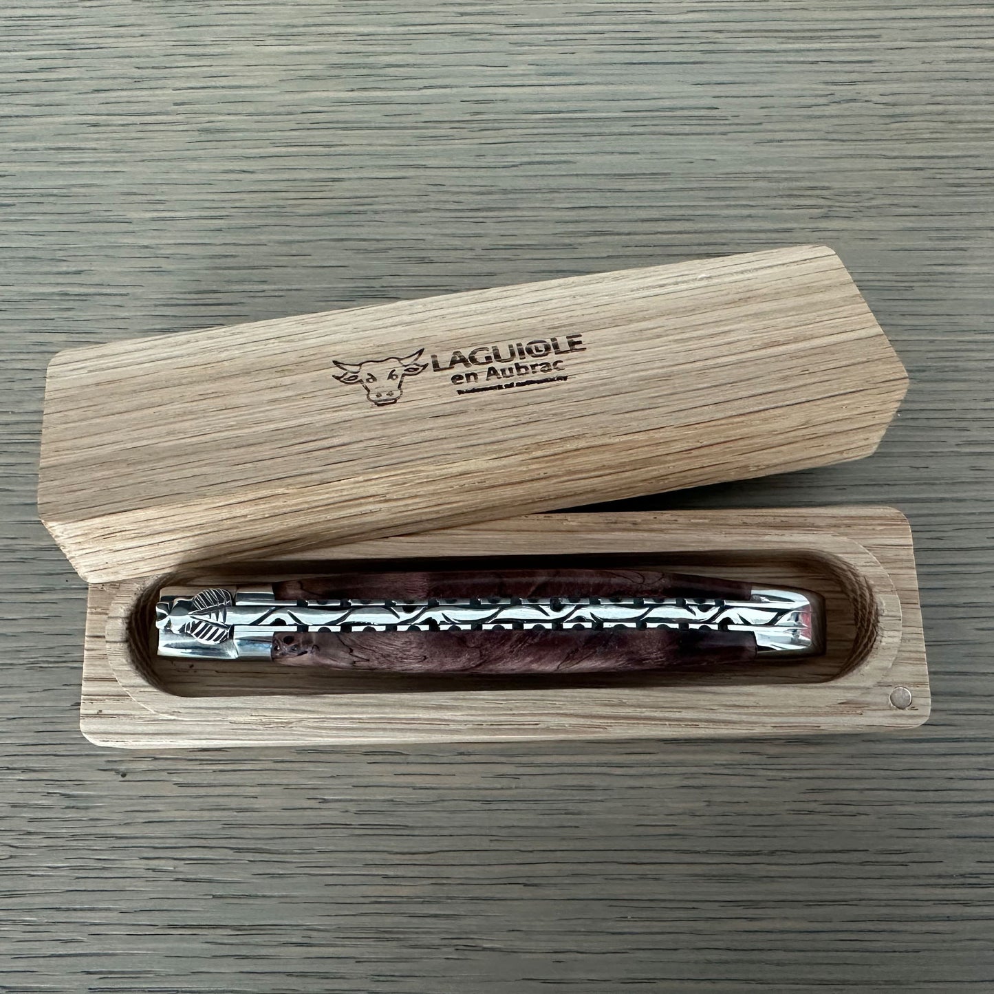 Laguiole en Aubrac Handcarved Plates Multipurpose Knife with Stabilized Purple Poplar Burl, 4.75-Inches