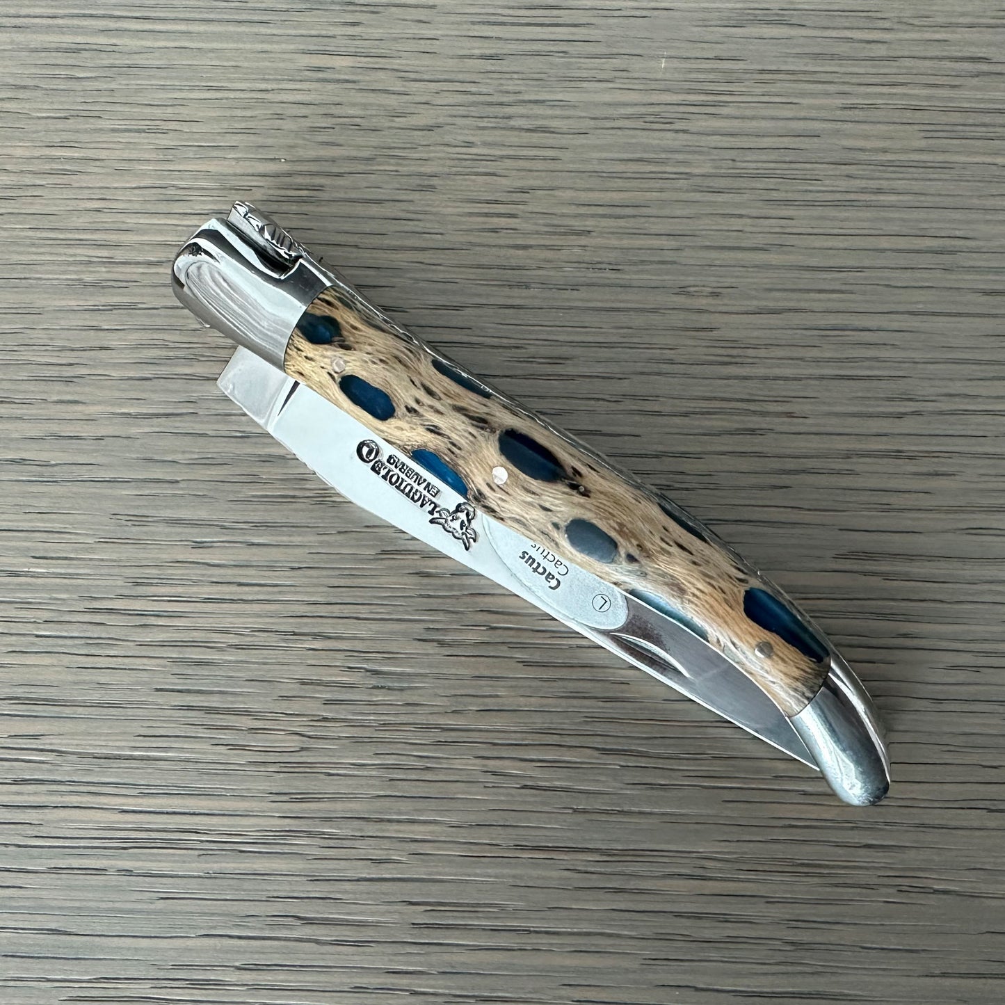 Laguiole en Aubrac Handcrafted Double Plates Multipurpose Knife With Cactus Blue Handle, 4.75-Inches