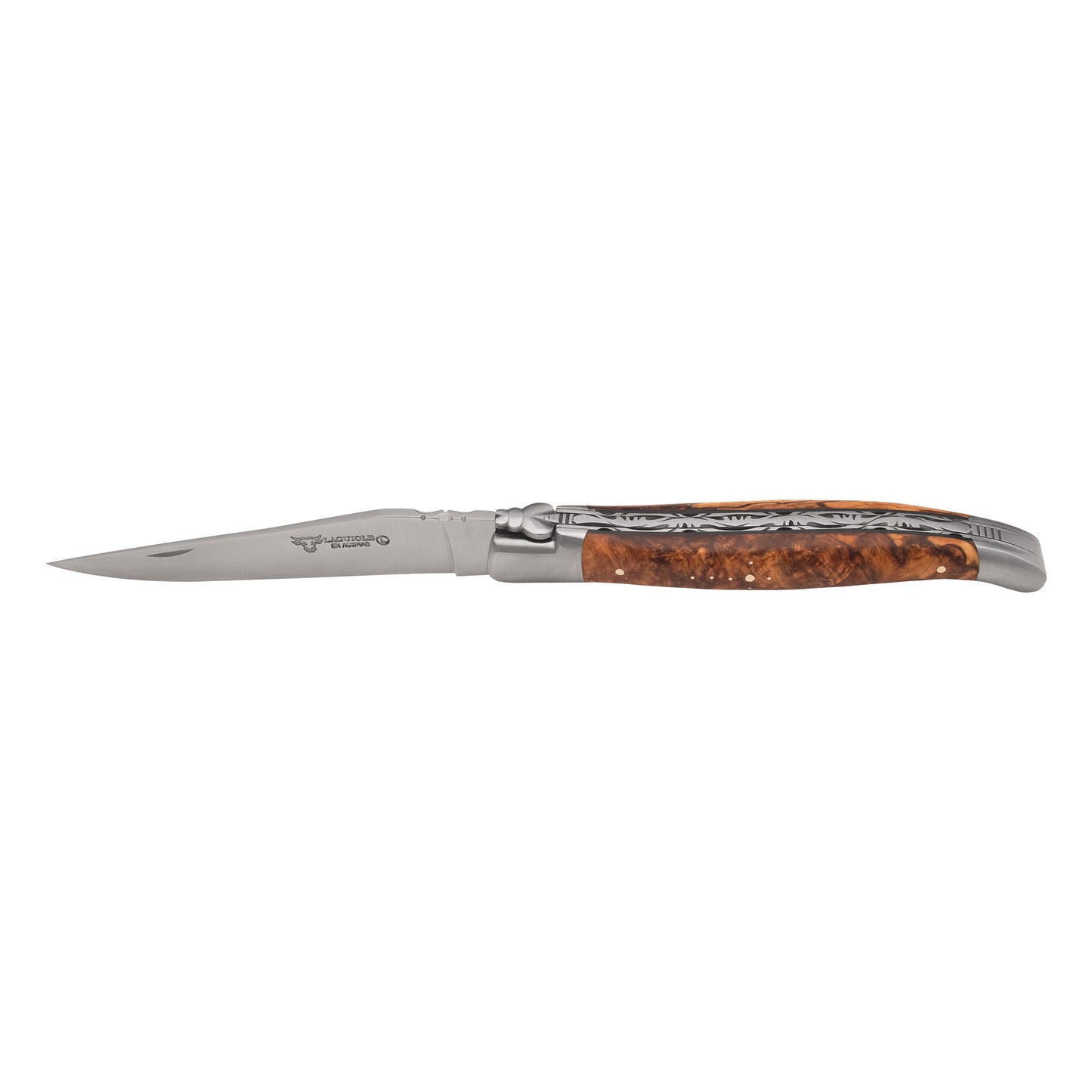 Laguiole en Aubrac Limited Edition With Two Handcarved Plates Multipurpose Knife And Brown Poplar Burl Handle, 4.75-Inches