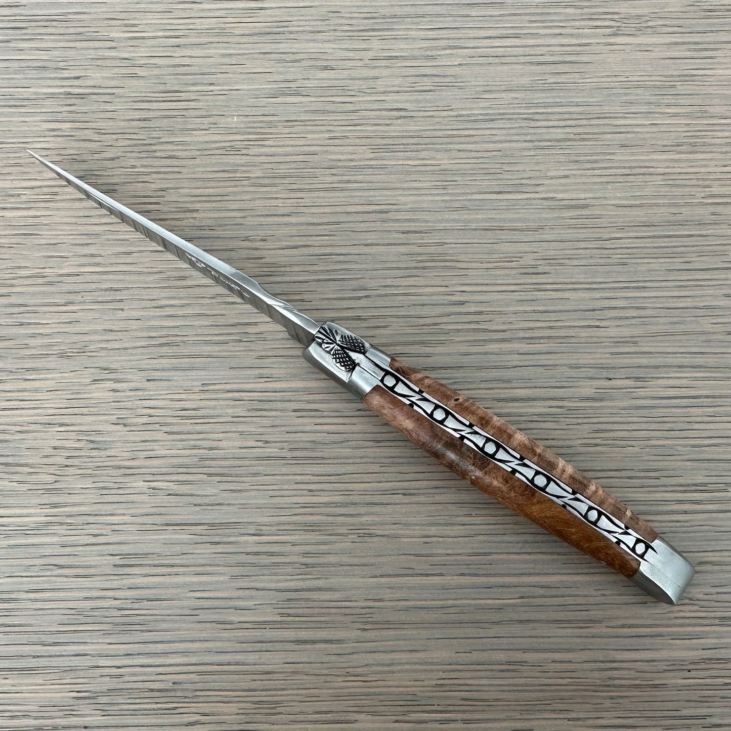 Laguiole en Aubrac Handcarved Plates Multipurpose Knife with Teak Wood Handle, 4.75-Inches, Brushed Bolsters