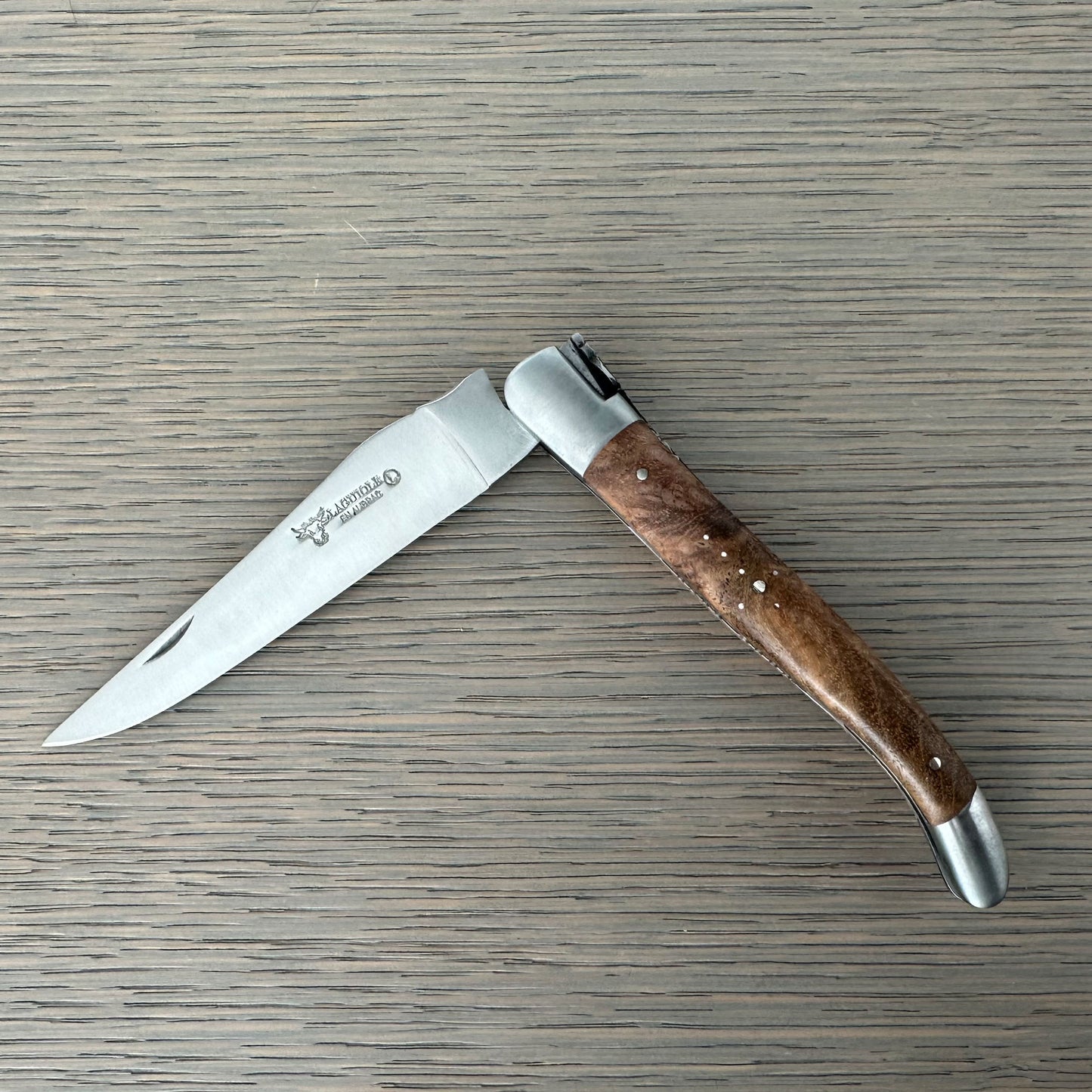 Laguiole en Aubrac Handcarved Plates Multipurpose Knife with Teak Wood Handle, 4.75-Inches, Brushed Bolsters