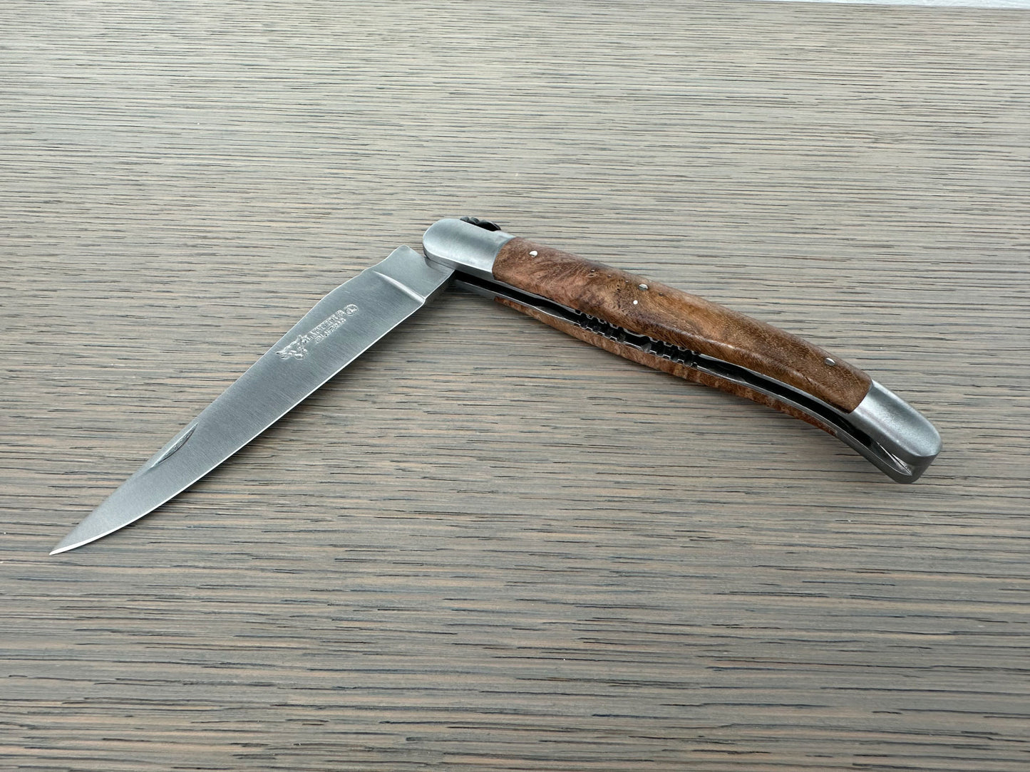 Laguiole en Aubrac Handcarved Plates Multipurpose Knife with Teak Wood Handle, 4.75-Inches, Brushed Bolsters