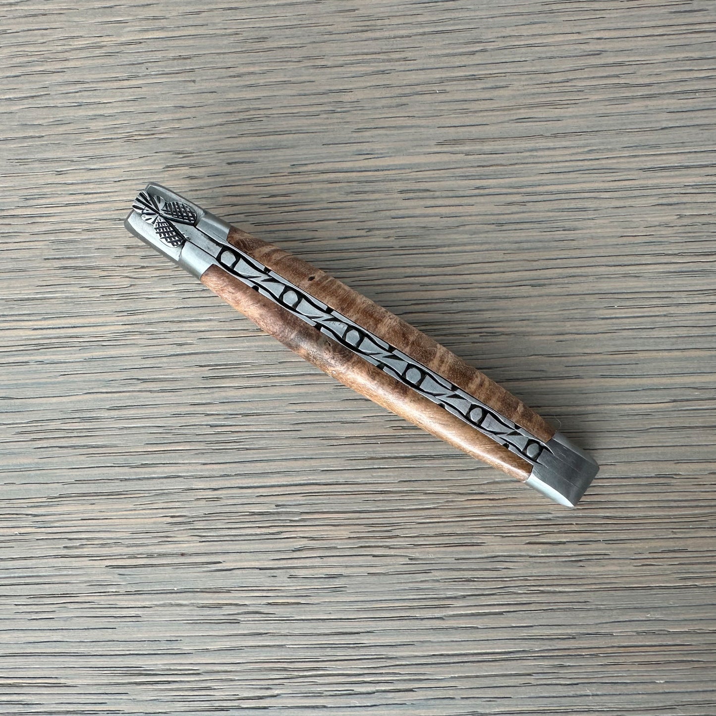 Laguiole en Aubrac Handcarved Plates Multipurpose Knife with Teak Wood Handle, 4.75-Inches, Brushed Bolsters