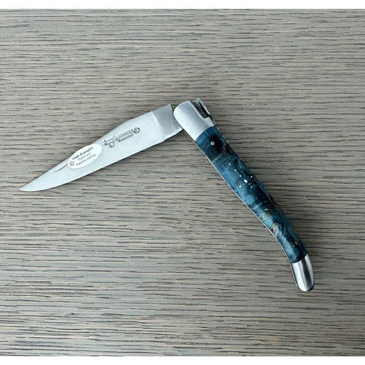 Laguiole en Aubrac Folding Knife Double Plate Stabilized Blue Poplar Burl, 4.75-in