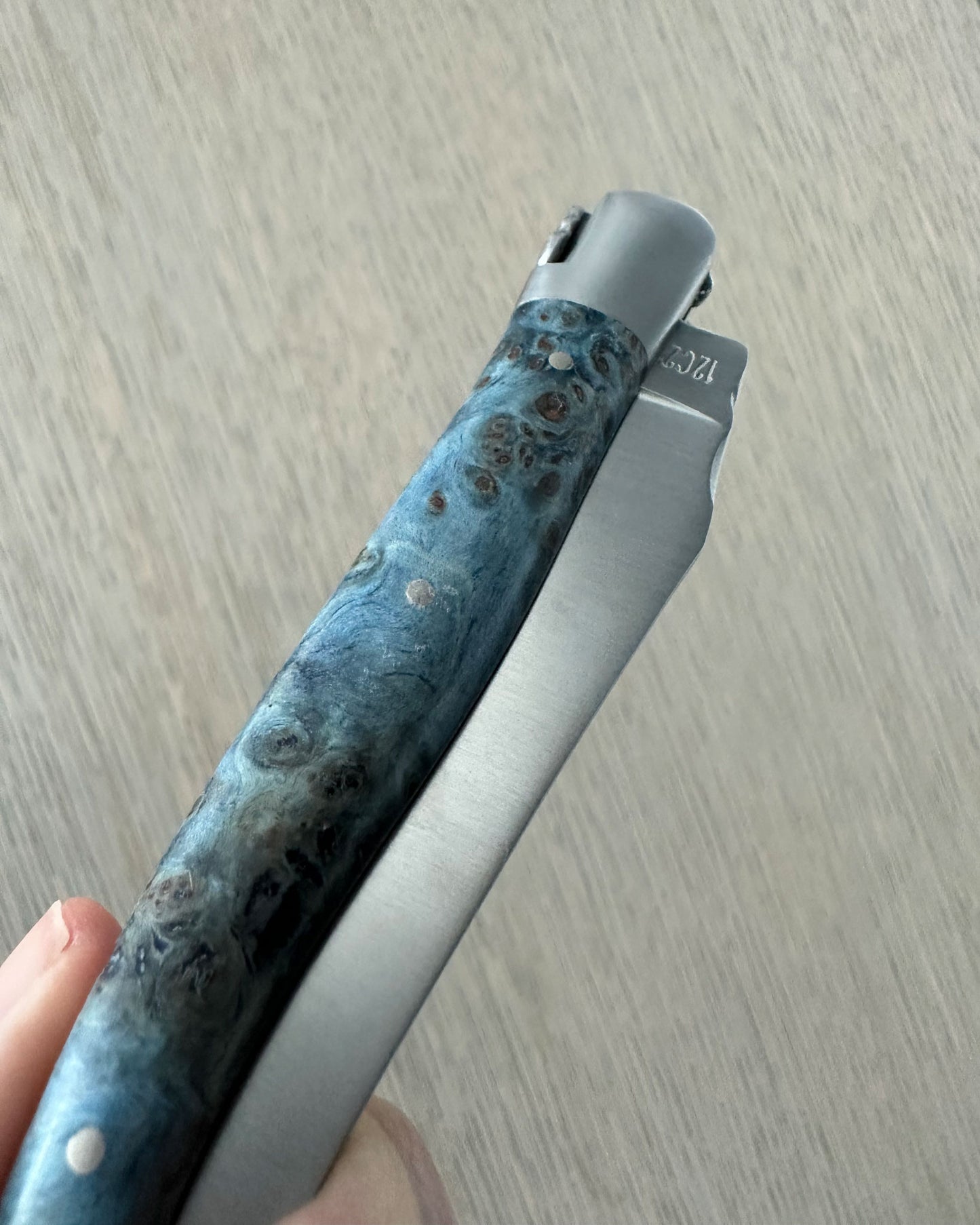 Laguiole en Aubrac Handcrafted Plates Multipurpose Knife, Blue Poplar Burl Wood Handle, 4.75 inches, Matte Stainless Steel Bolsters