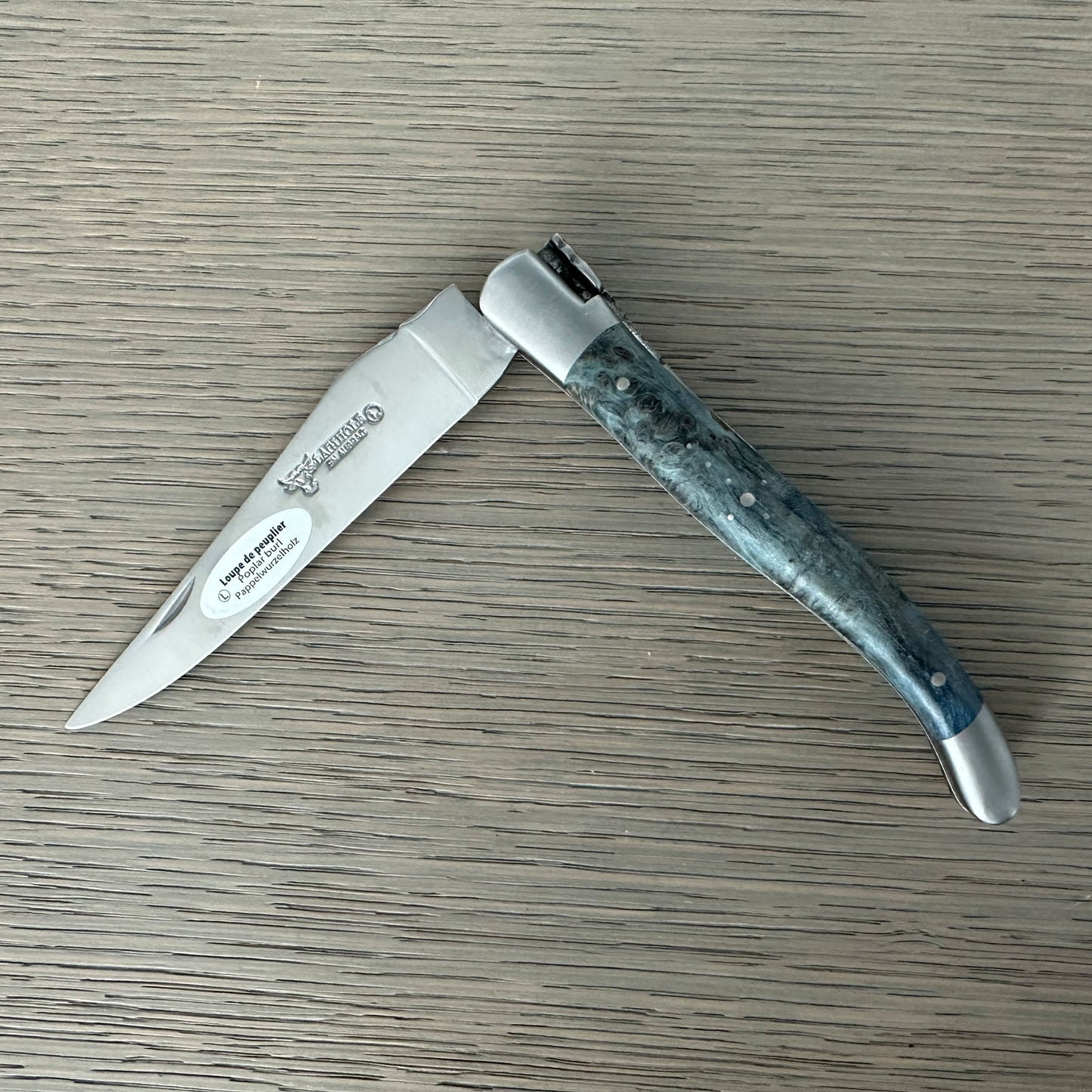 Laguiole en Aubrac Handcrafted Plates Multipurpose Knife, Blue Poplar Burl Wood Handle, 4.75 inches, Matte Stainless Steel Bolsters
