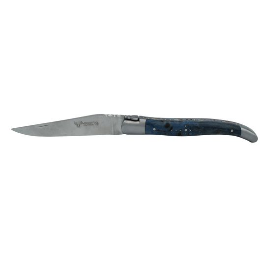 Laguiole en Aubrac Handcrafted Plates Multipurpose Knife, Blue Poplar Burl Wood Handle, 4.75 inches, Matte Stainless Steel Bolsters