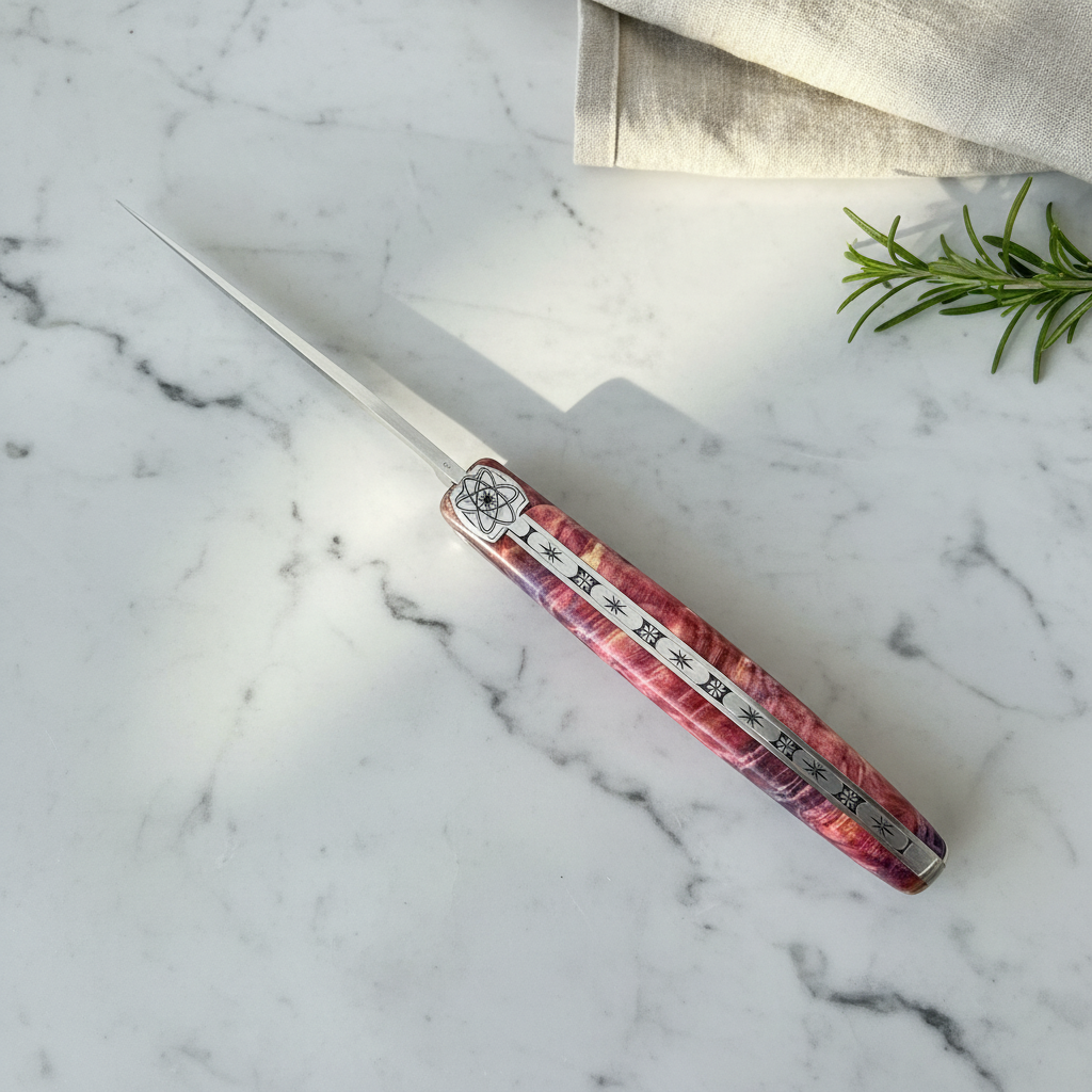 Laguiole en Aubrac Folding Knife Cosmos Series with Big Bang Bee, Fire Elder Burl, 4.8-in