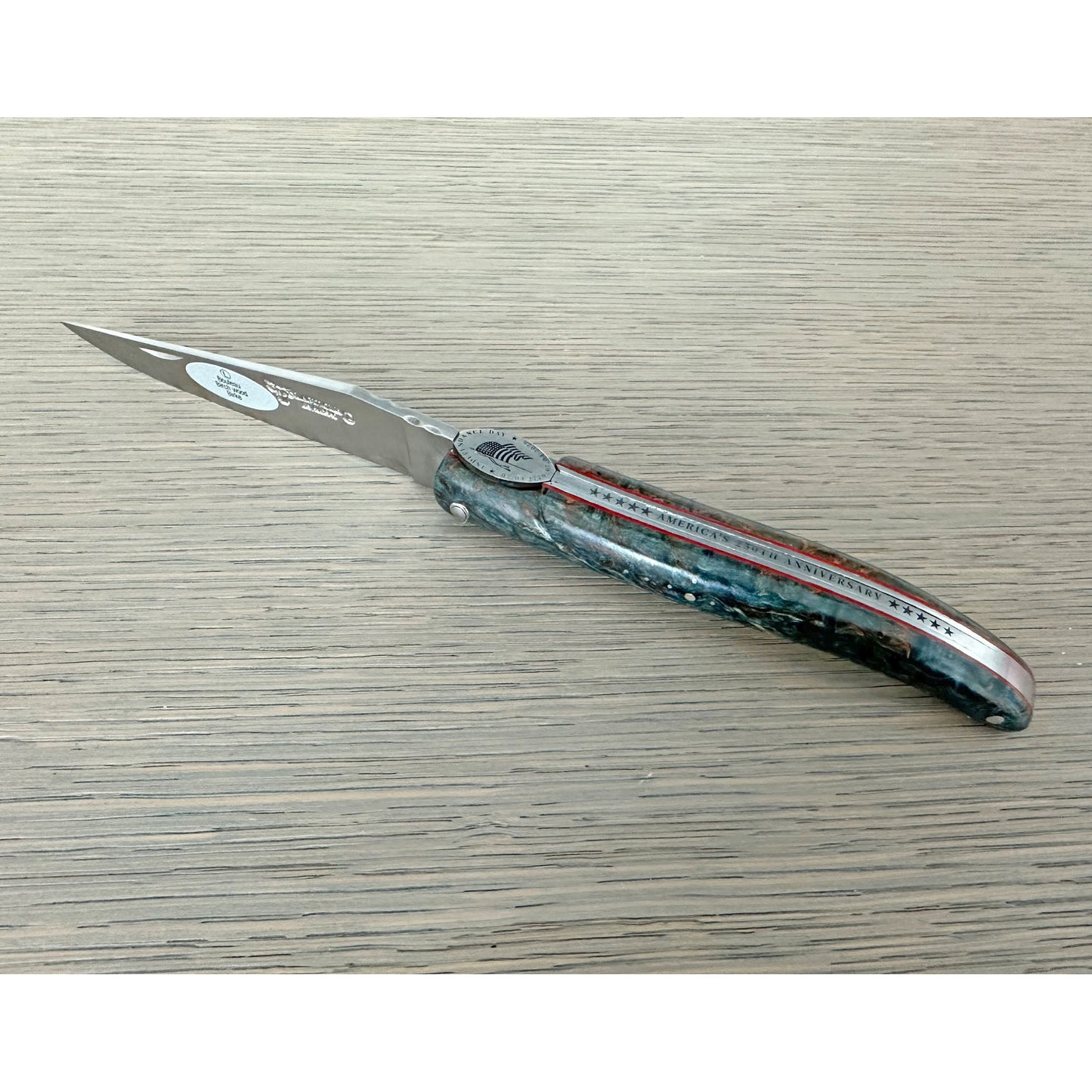Laguiole en Aubrac Americas 250th Anniversary Collection Knife with Blue Birchwood Wood Handle, 4.7-in