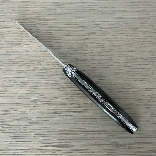 Laguiole en Aubrac Cuchillo multiusos hecho a mano con doble placa, mango de madera de ébano, 4 pulgadas
