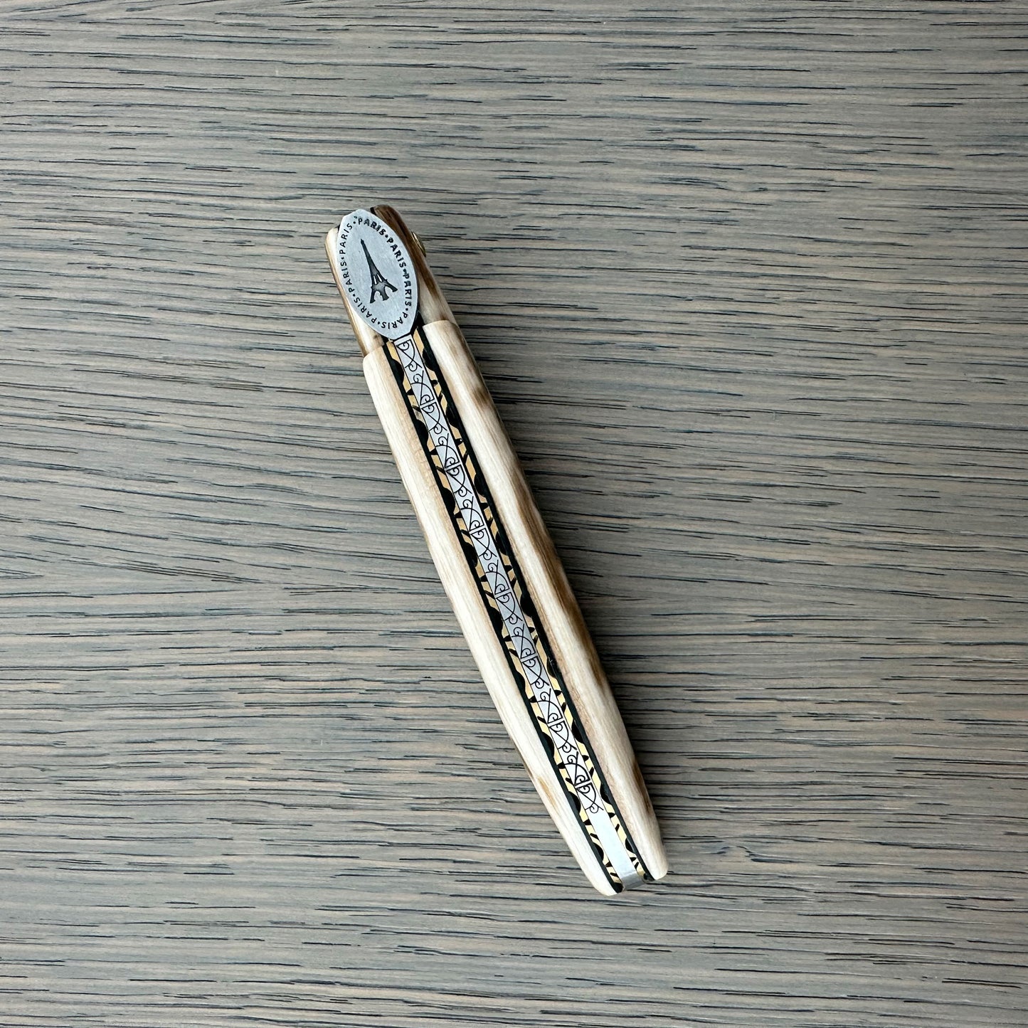 Laguiole en Aubrac Limited Edition Prestige Eiffel Folding Knife, 4.8", Ivory Crust Handle, Damascus Blade