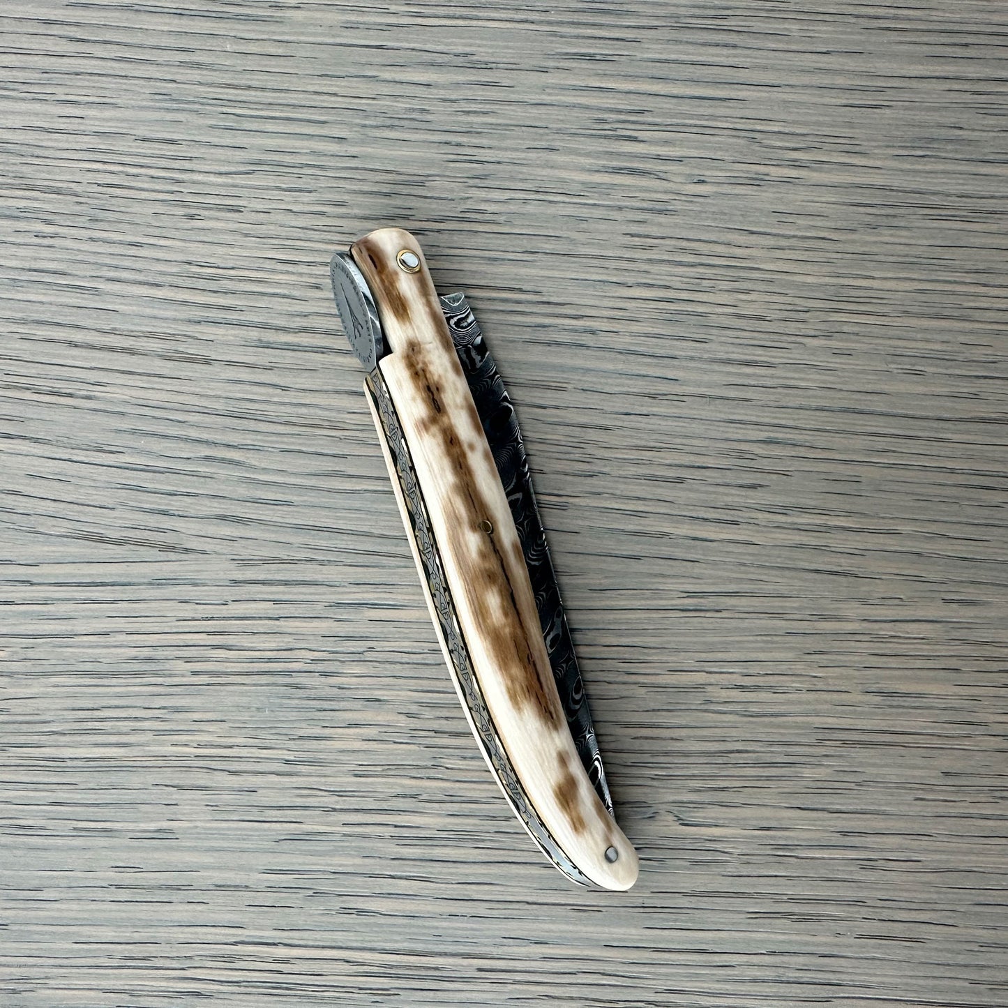 Laguiole en Aubrac Limited Edition Prestige Eiffel Folding Knife, 4.8", Ivory Crust Handle, Damascus Blade