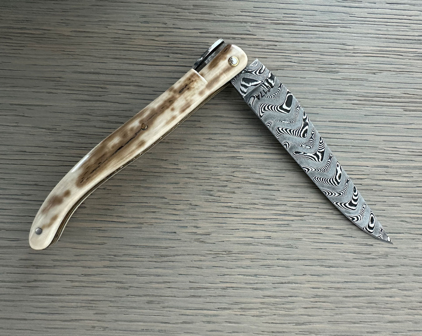 Laguiole en Aubrac Limited Edition Prestige Eiffel Folding Knife, 4.8", Ivory Crust Handle, Damascus Blade