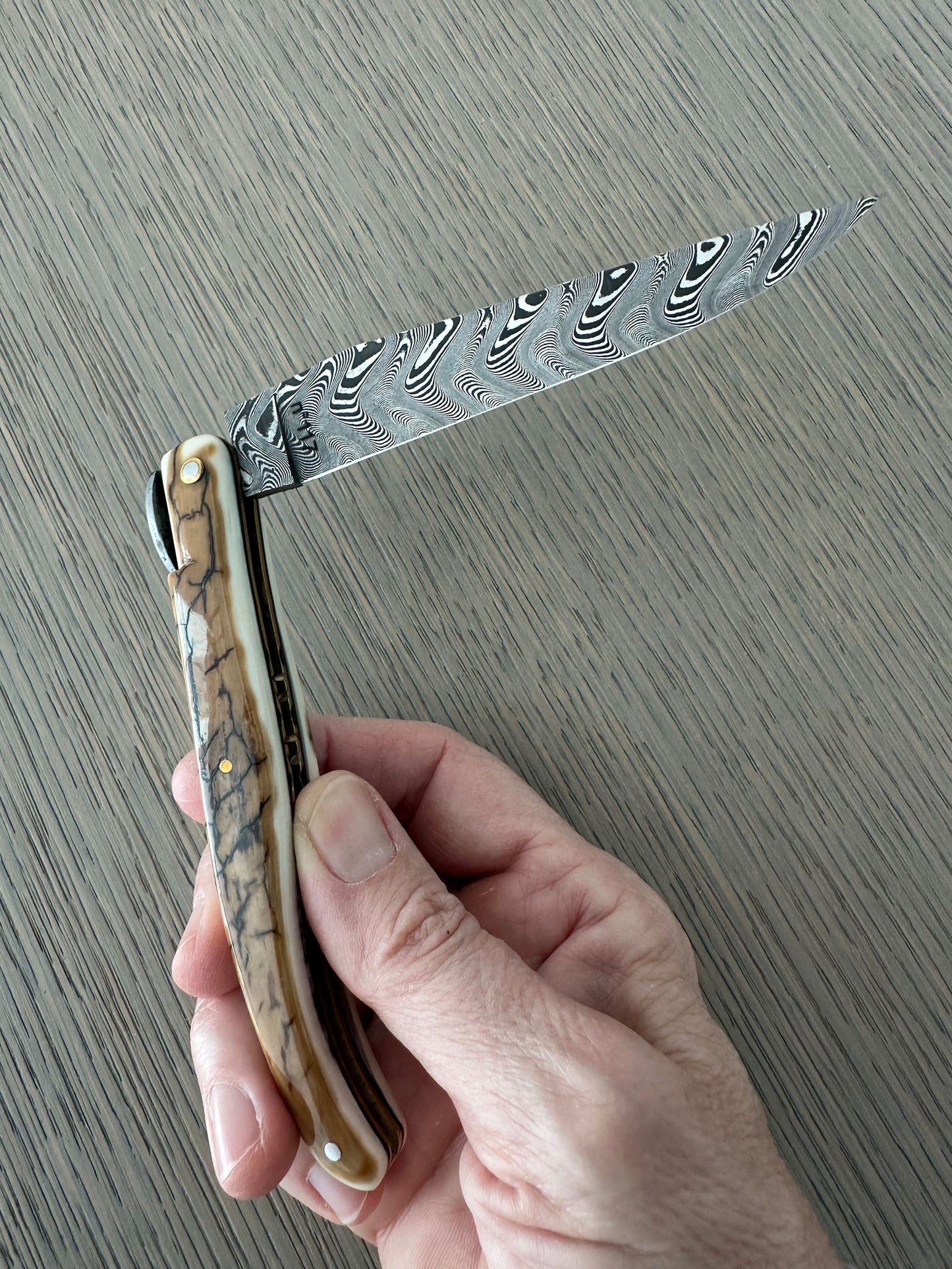 Laguiole en Aubrac Limited Edition Prestige Eiffel Folding Knife, 4.8", Ivory Crust Handle, Damascus Blade
