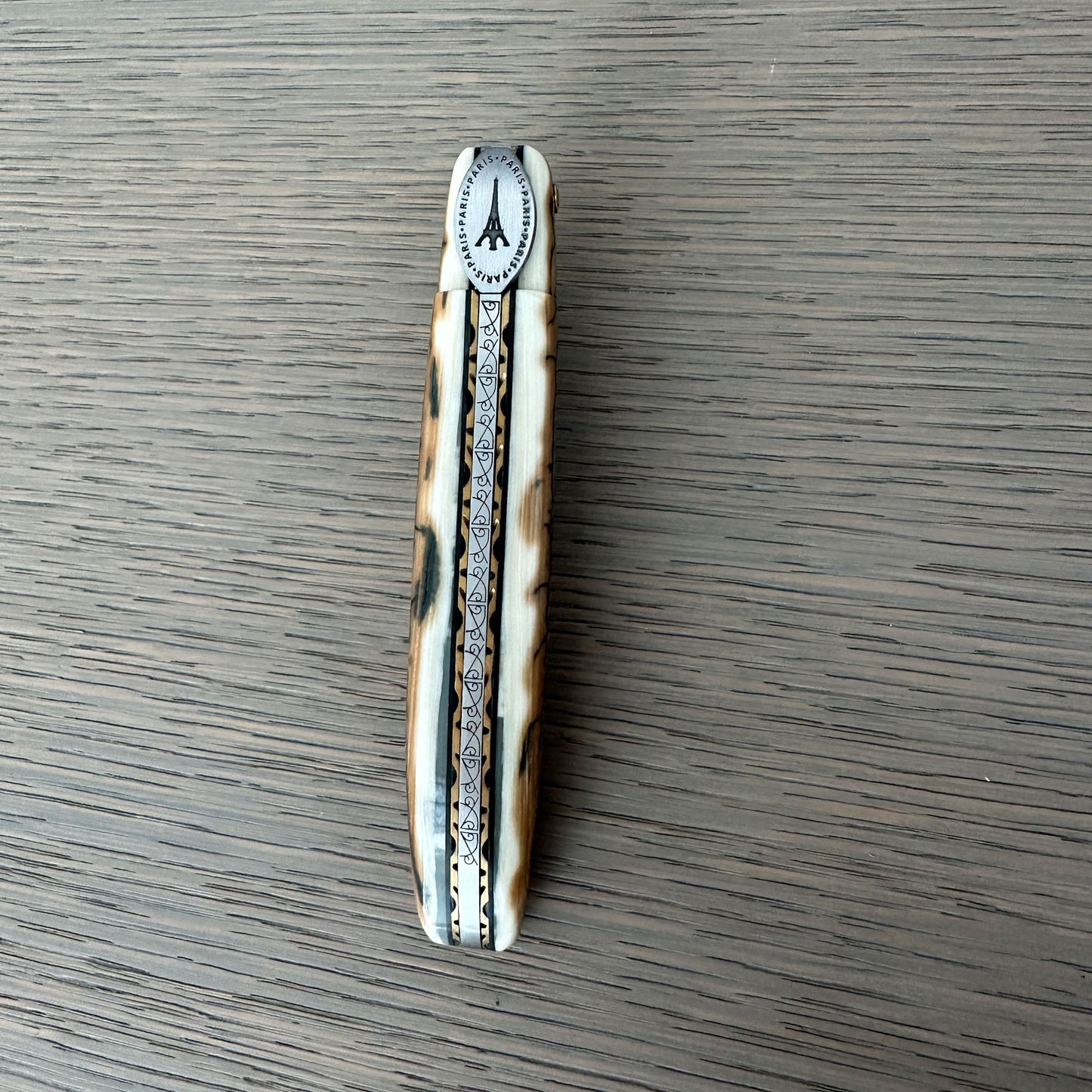 Laguiole en Aubrac Limited Edition Prestige Eiffel Folding Knife, 4.8", Ivory Crust Handle, Damascus Blade