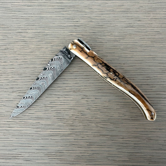 Laguiole en Aubrac Limited Edition Prestige Eiffel Folding Knife, 4.8", Ivory Crust Handle, Damascus Blade