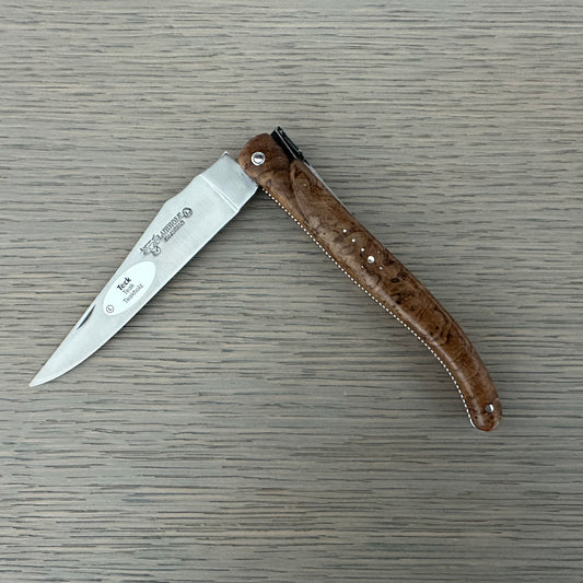 Laguiole en Aubrac Cuchillo multiusos hecho a mano con doble placa, mango de madera de teca, 4 pulgadas