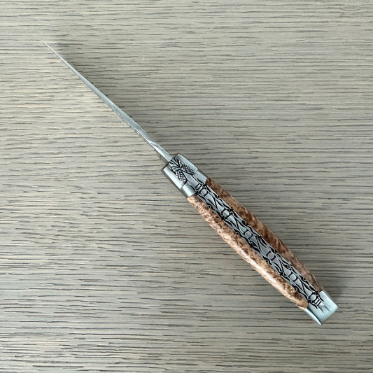 Laguiole en Aubrac Handcrafted Luxury Double Plates Multipurpose Knife with Ash Burl Handle, 4.75-inches