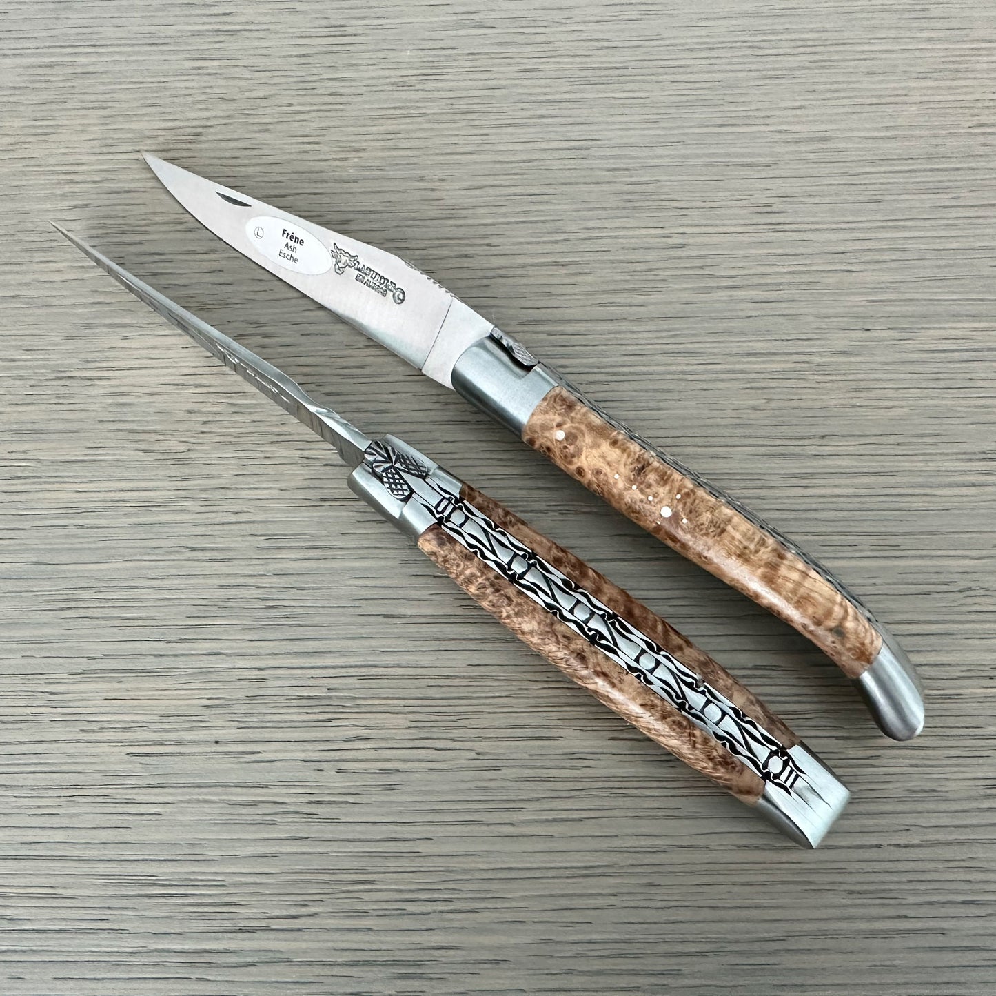 Laguiole en Aubrac Handcrafted Luxury Double Plates Multipurpose Knife with Ash Burl Handle, 4.75-inches