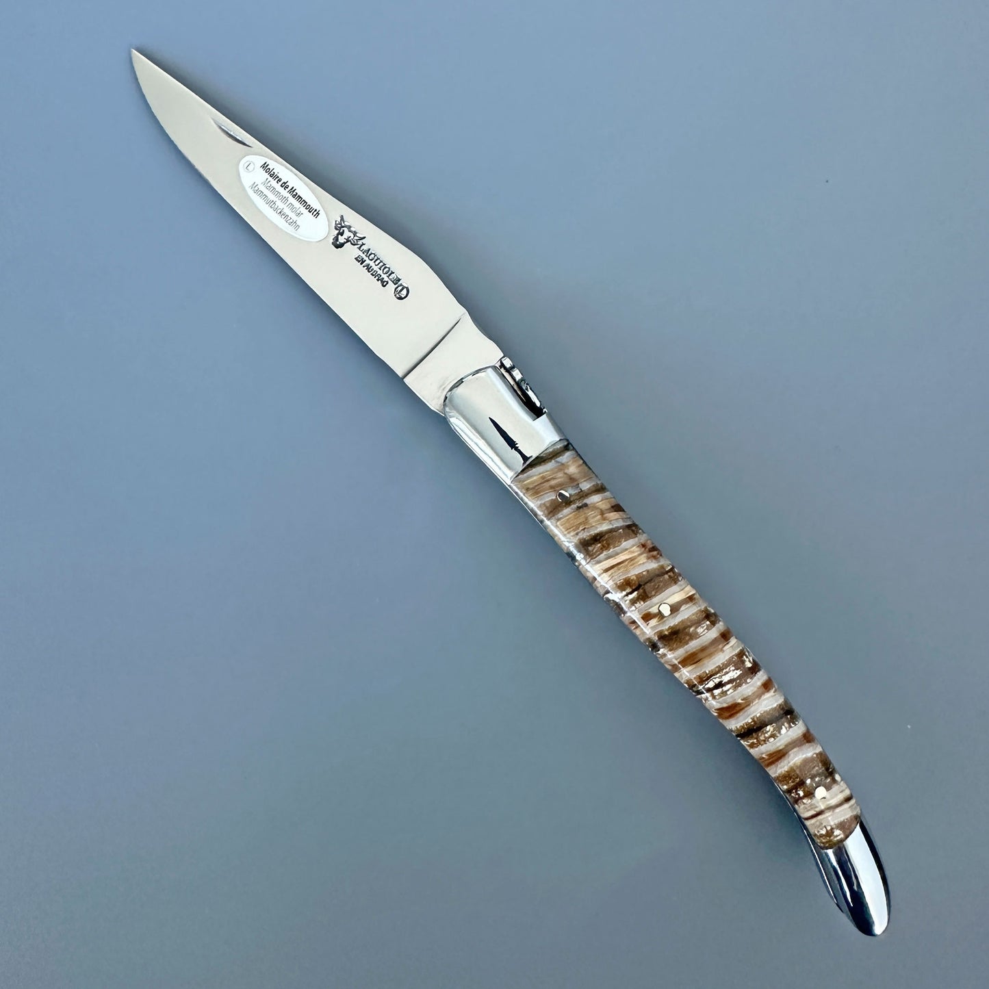 Fully open Laguiole en Aubrac folding knife with brown and beige mammoth molar handle