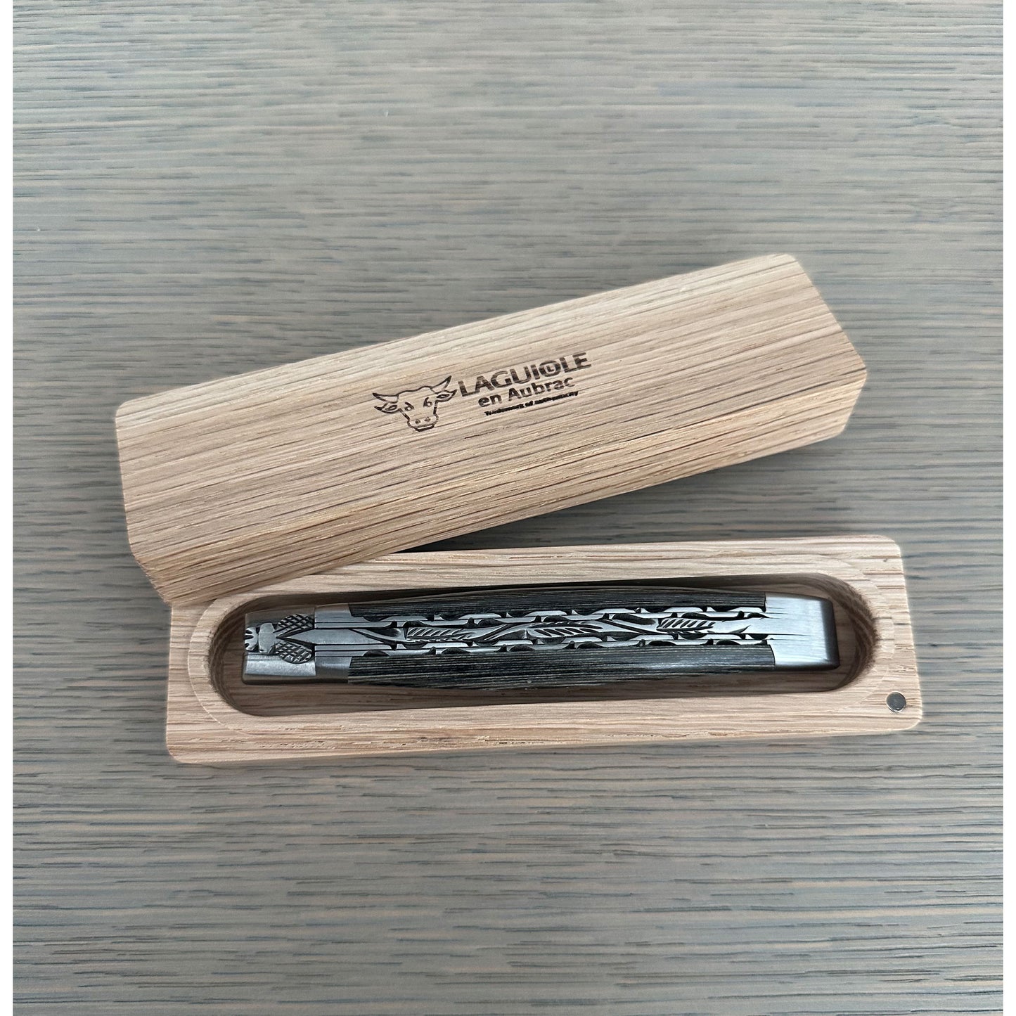 Laguiole en Aubrac Handcrafted Luxury Double Plates Multipurpose Knife with Pakawood Grey Handle, 4.75-inches