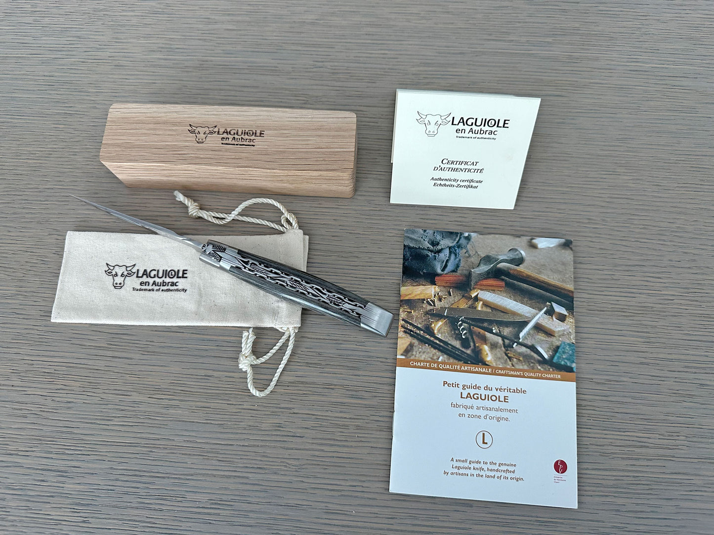 Laguiole en Aubrac Handcrafted Luxury Double Plates Multipurpose Knife with Pakawood Grey Handle, 4.75-inches