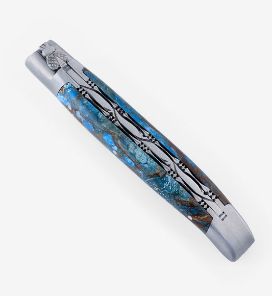 Laguiole en Aubrac Handcrafted Double Plates Multipurpose Knife, Blue Fusion Handle, 4.8 inches