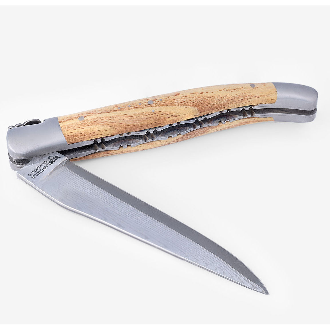 Laguiole en Aubrac Handcrafted Damascus Double Plated Multipurpose Knife with Shiny Bolsters, Aubrac Wood Handle, 4.75 นิ้ว