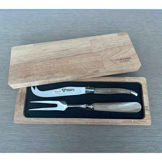 Laguiole en Aubrac Handcrafted 2-Piece Cheese Knife Set with Solid Horn Handles