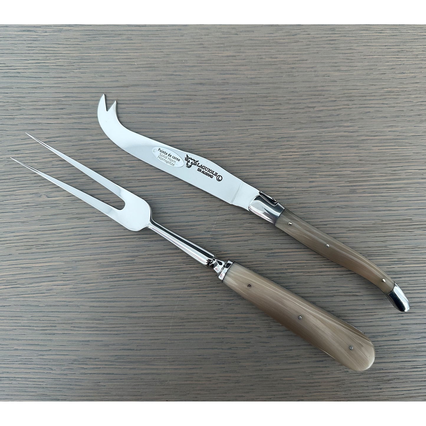 Laguiole en Aubrac Handcrafted 2-Piece Cheese Knife Set with Solid Horn Handles