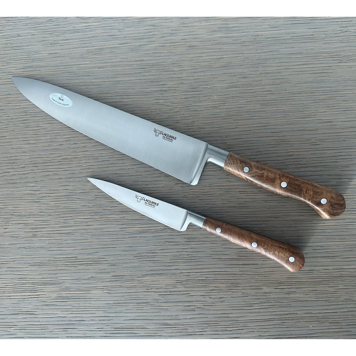 Laguiole en Aubrac Professional Stainless Fully Forged Steel 2-Piece Kitchen Knife Set With Teak Wood Handles