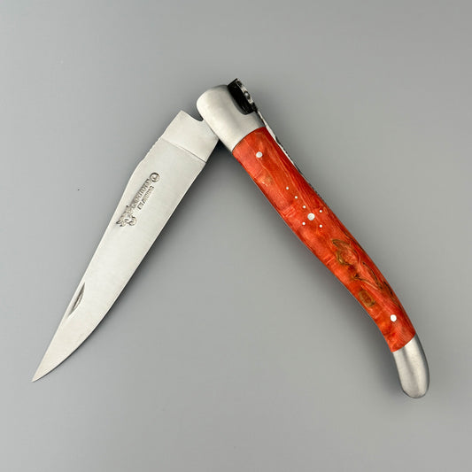 Laguiole en Aubrac Hancarved Plate Folding Knife Butterfly Bee Red Birchwood Burl, 4.7"
