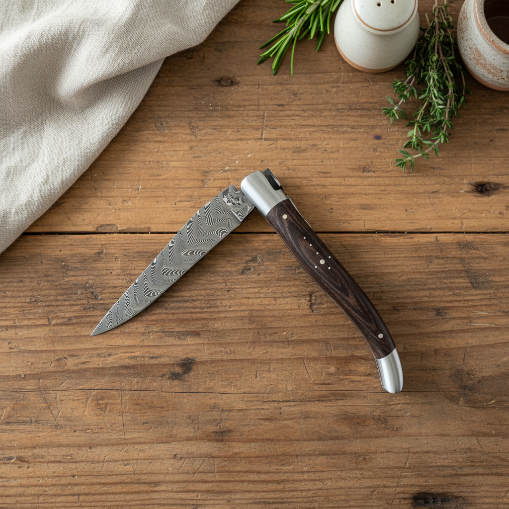 Laguiole en Aubrac Belle Damascus Double Plated Knife Ironwood Handle, 4.7"