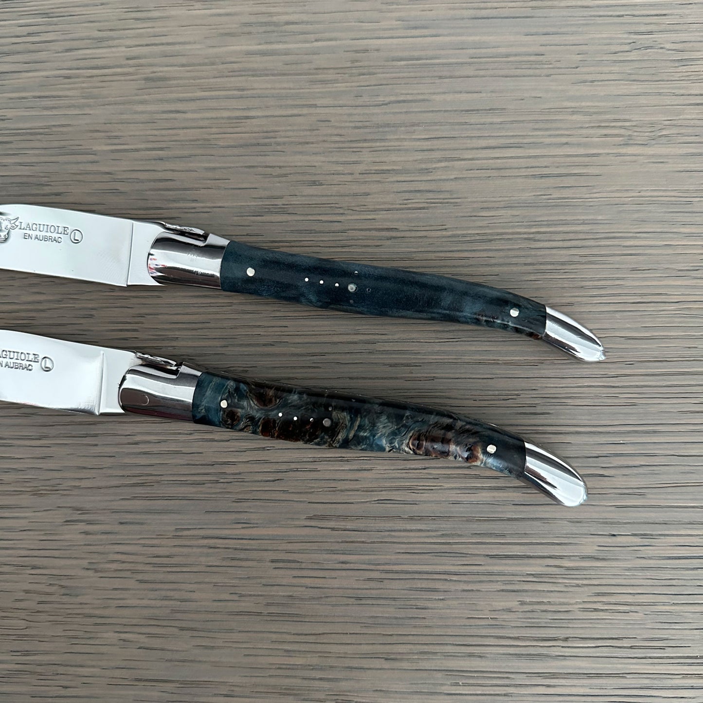 Laguiole en Aubrac Handcrafted 2-Piece Steak Knife Set with Blue Poplar Burl Handles, Polished Bolster