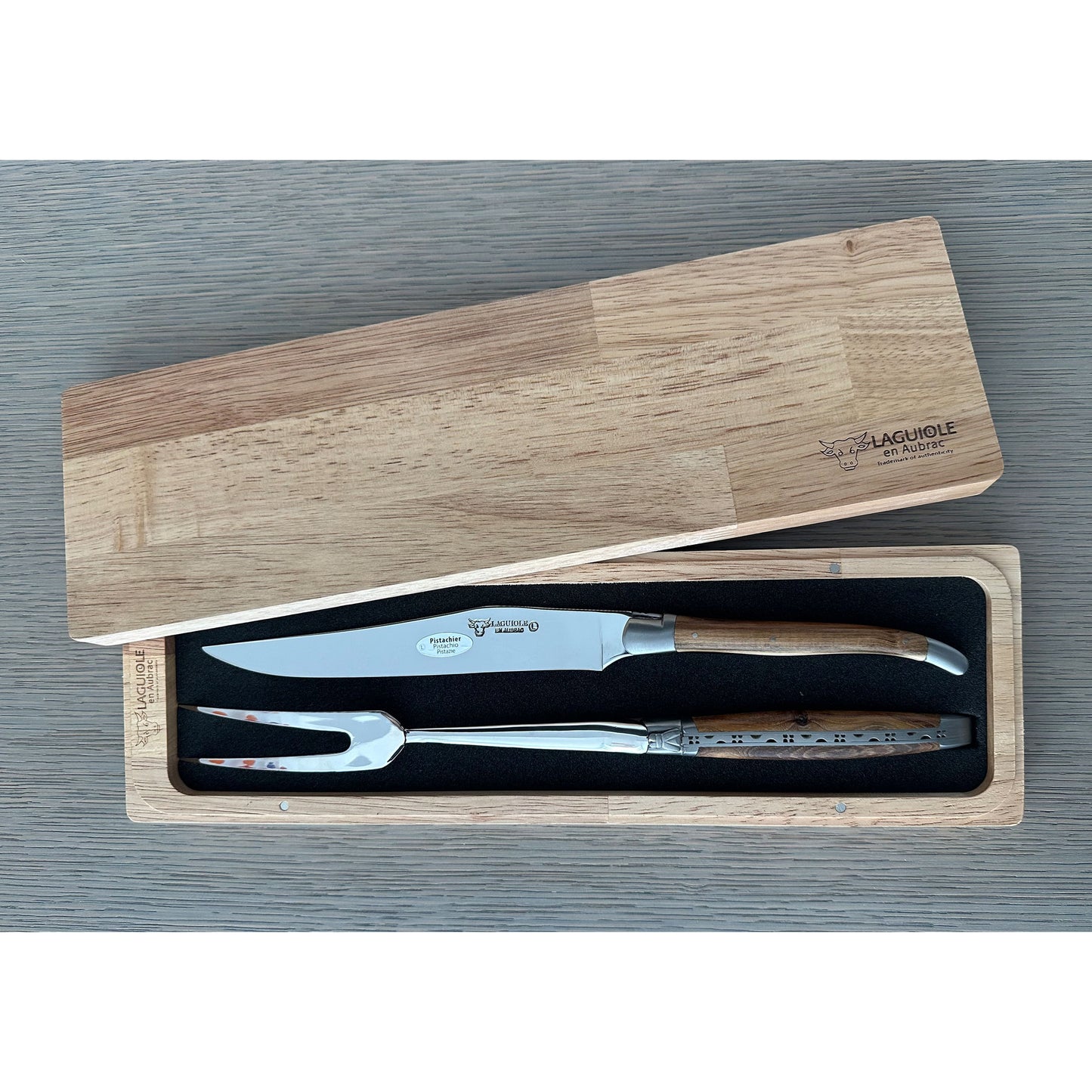 Laguiole en Aubrac Handcrafted Carving Set with Pistachio Wood Handle