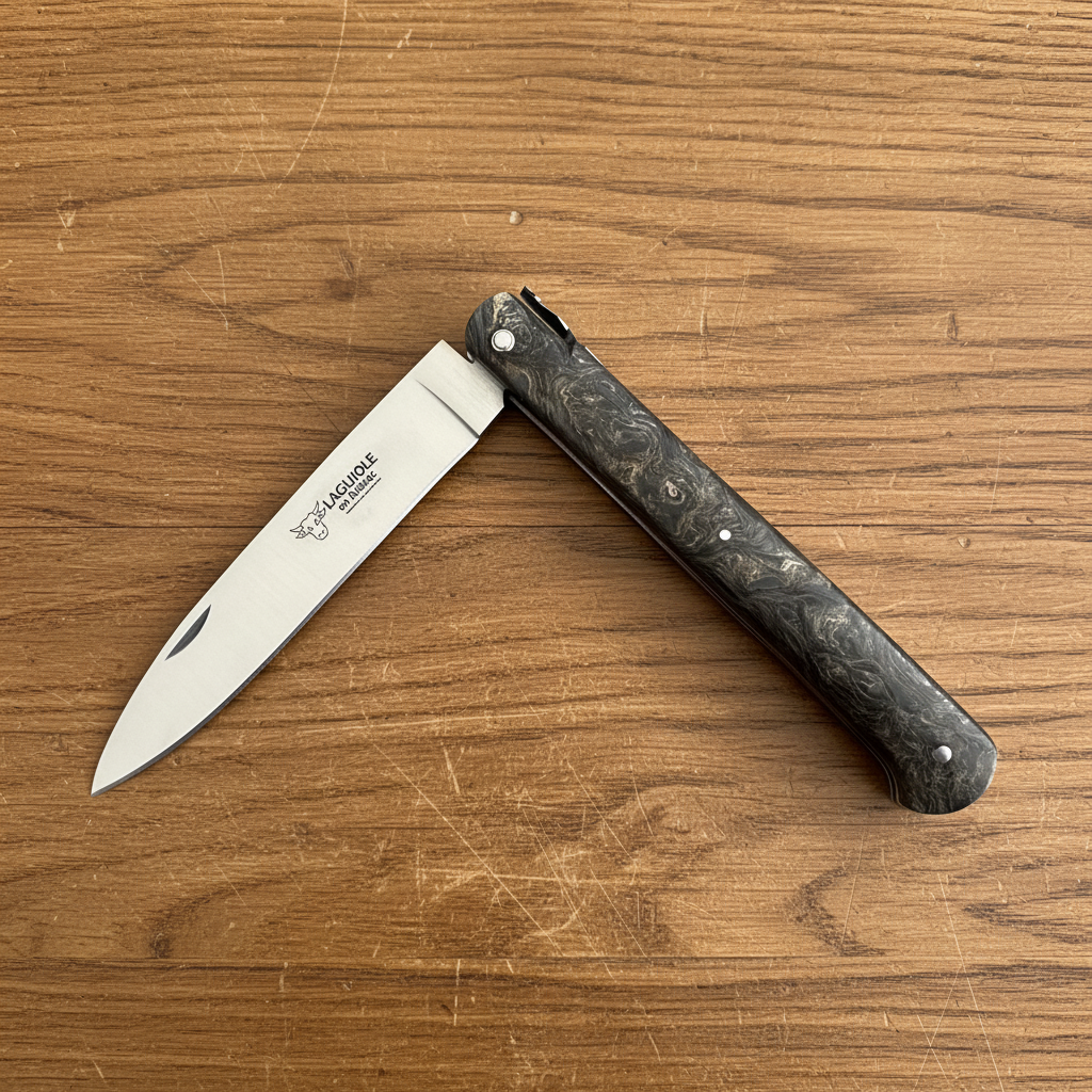 Laguiole en Aubrac Belle Droit Folding Knife Special Bee, Carbon Gold Inlay 4.3"