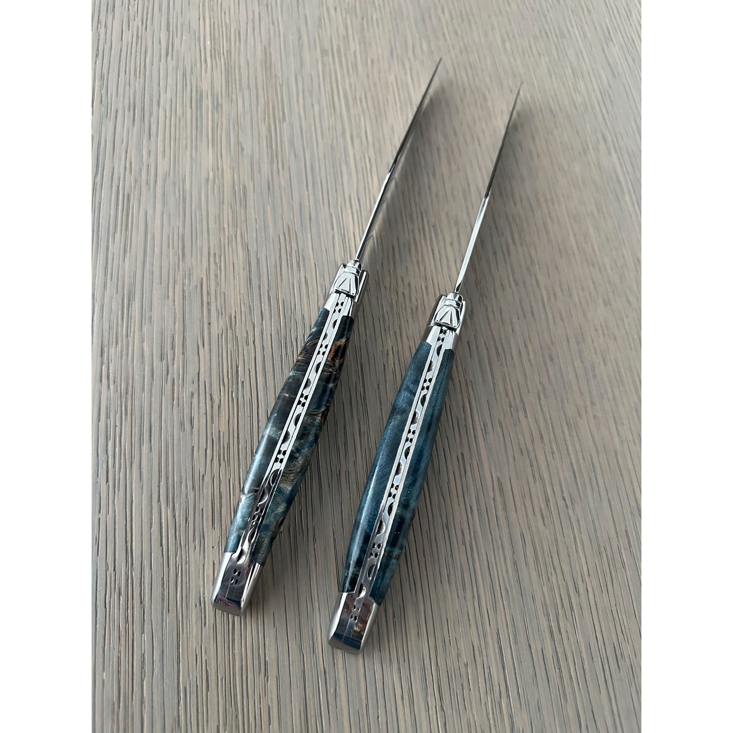 Laguiole en Aubrac Handcrafted 2-Piece Steak Knife Set with Blue Poplar Burl Handles, Polished Bolster