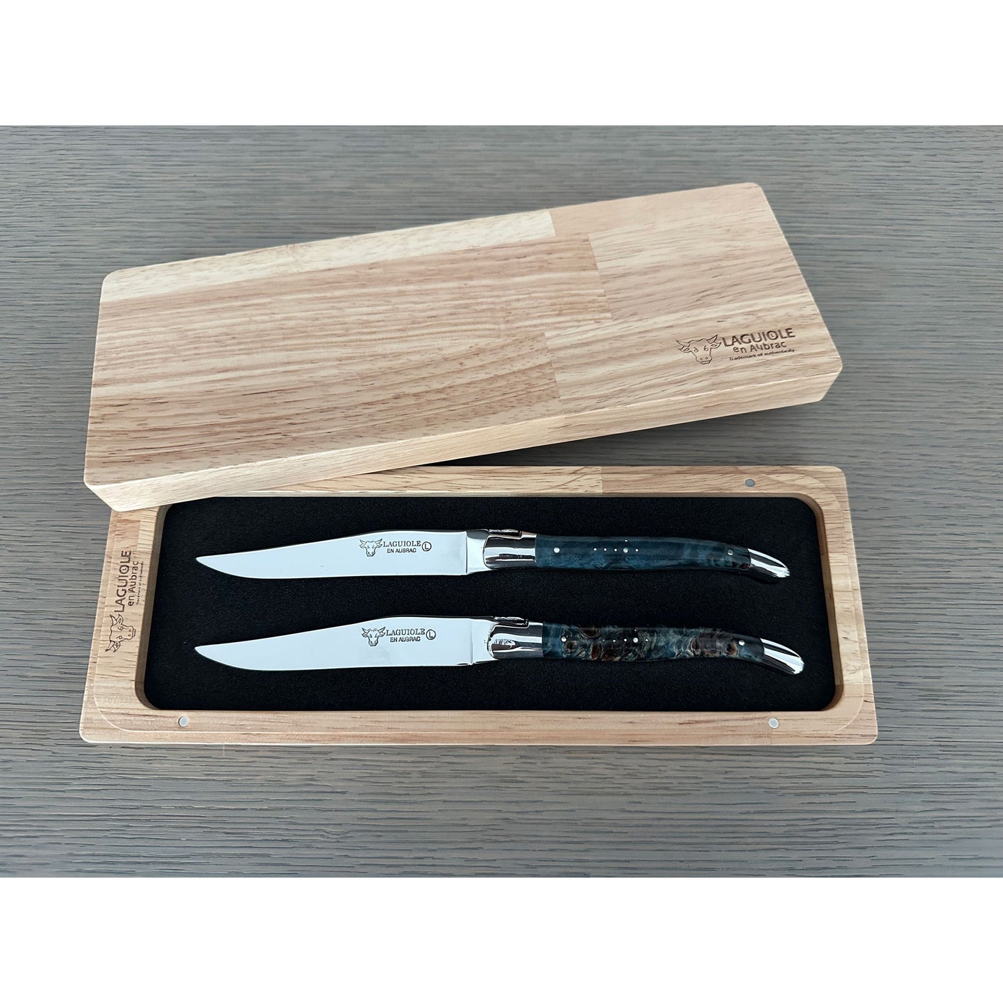 Laguiole en Aubrac Handcrafted 2-Piece Steak Knife Set with Blue Poplar Burl Handles, Polished Bolster