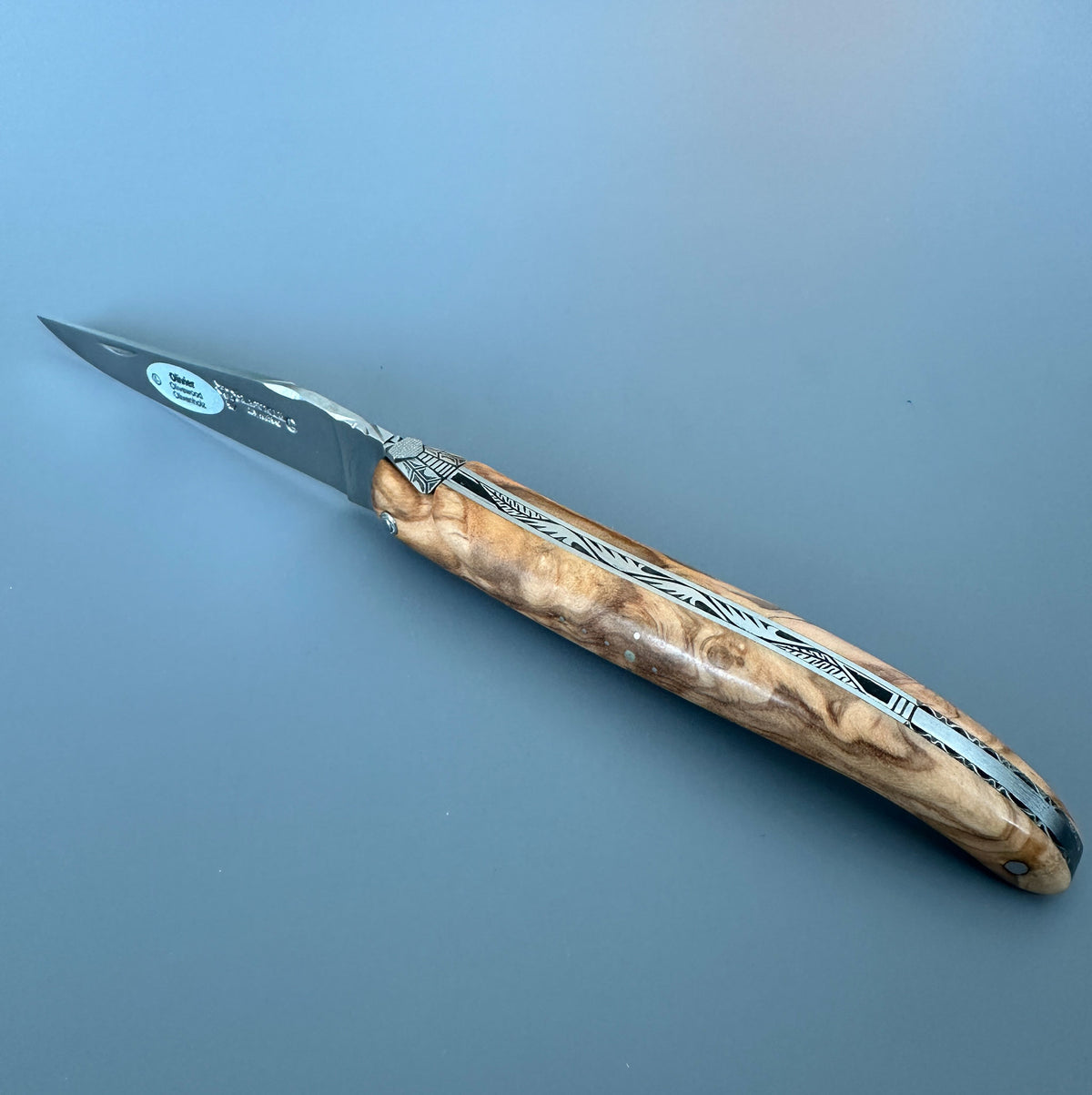 Laguiole Belle Piece Olive Wood Full Open side view,  Fern-Frond Spine