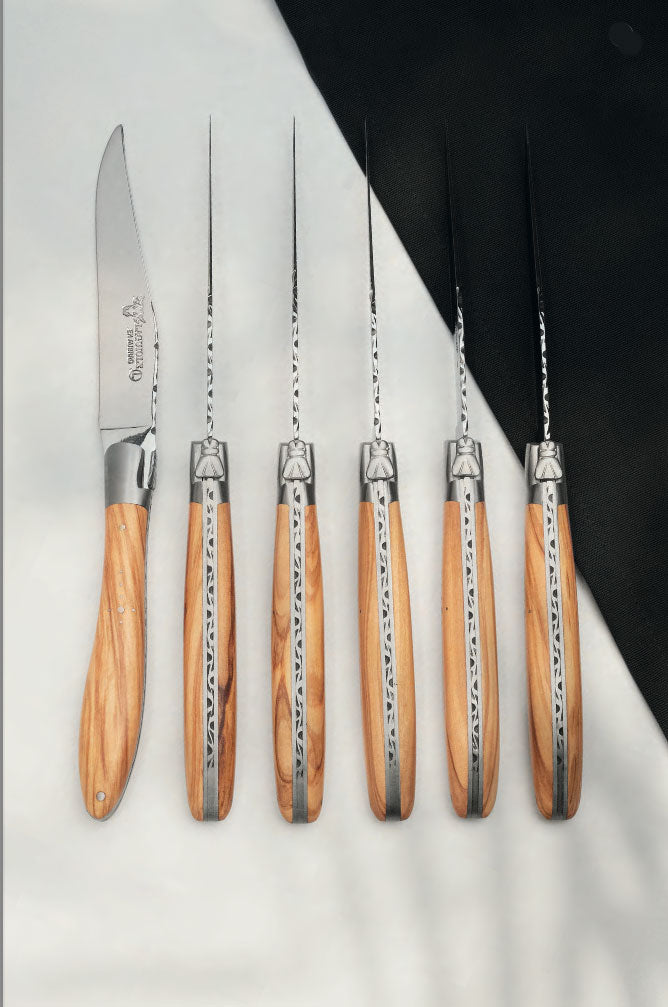 Laguiole en Aubrac Handcrafted Crocus 6-Piece Steak Knife Set With Olivewood Handles
