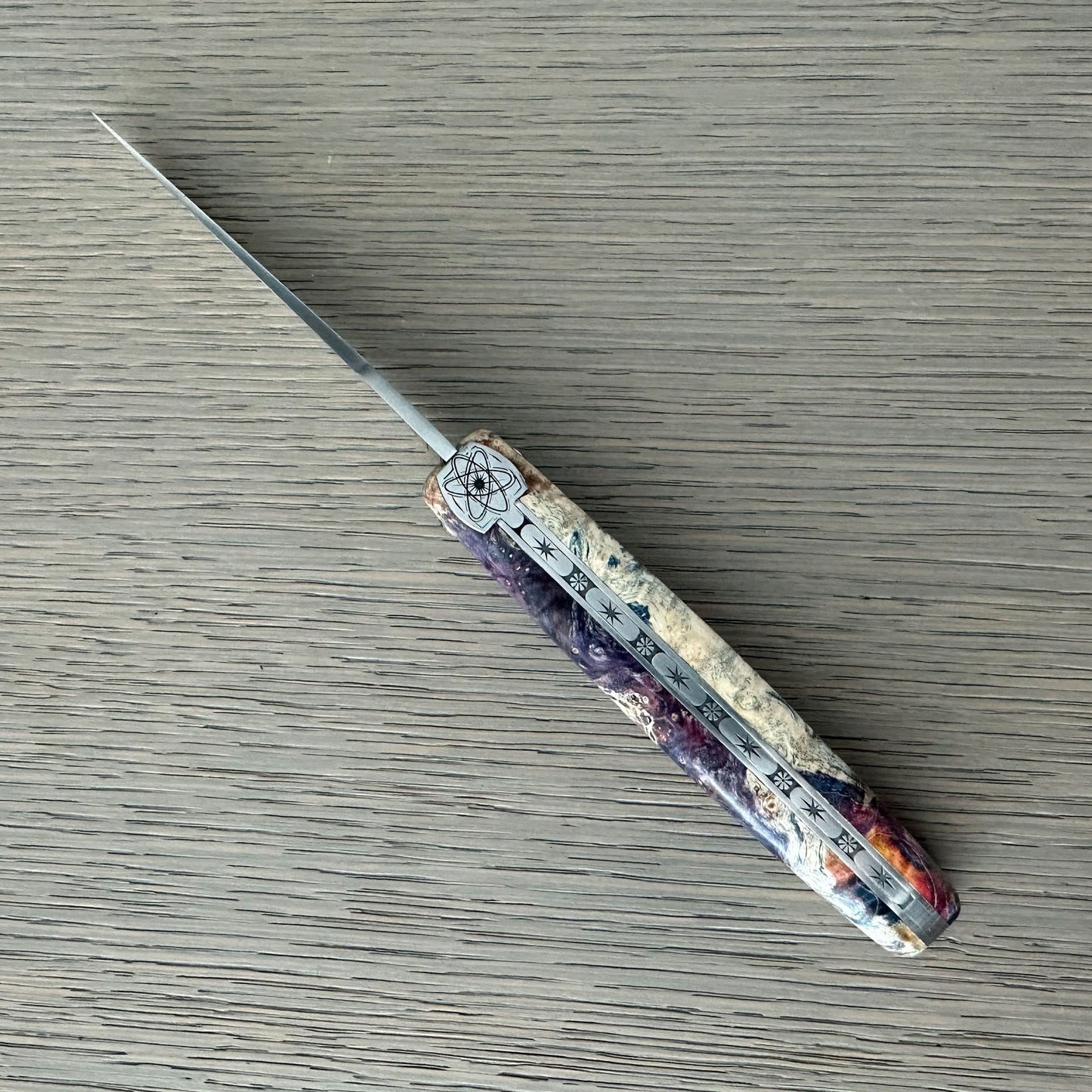 Laguiole en Aubrac Folding Knife Cosmos Big Bang Bee, Purple Cream Elder Burl, 4.8"
