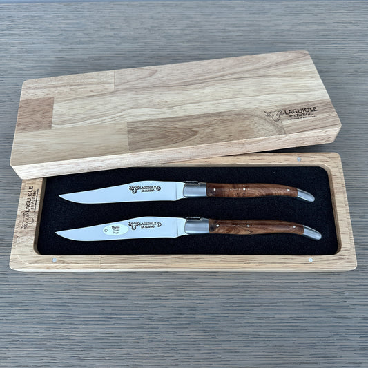 Laguiole en Aubrac Handcrafted 2-Piece Steak Knife Set with Thuya Burl Handles